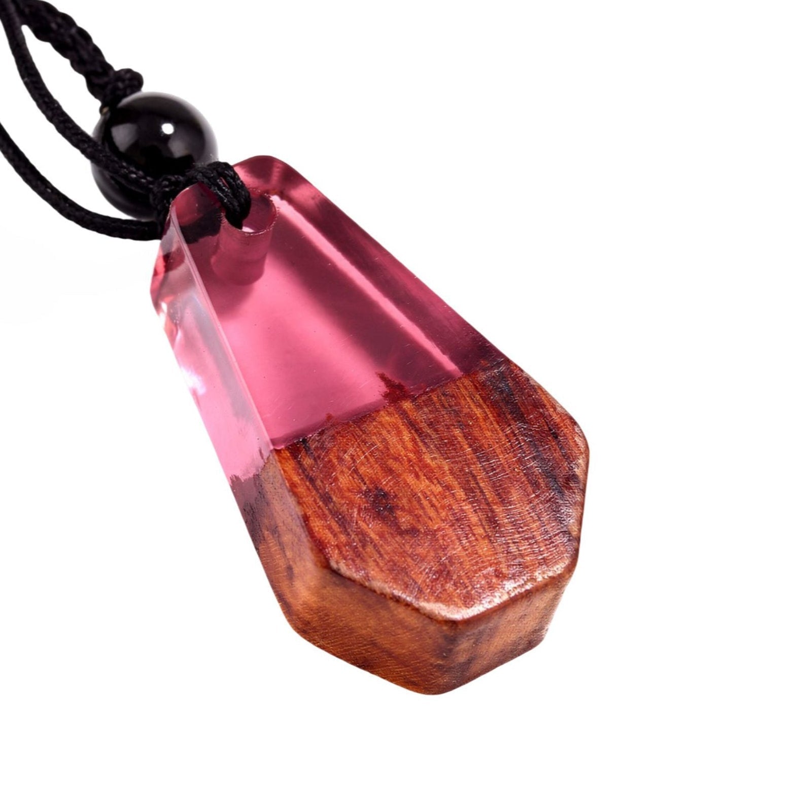 Collier long en bois et résine, avec pendentif géométrique, style artisanal