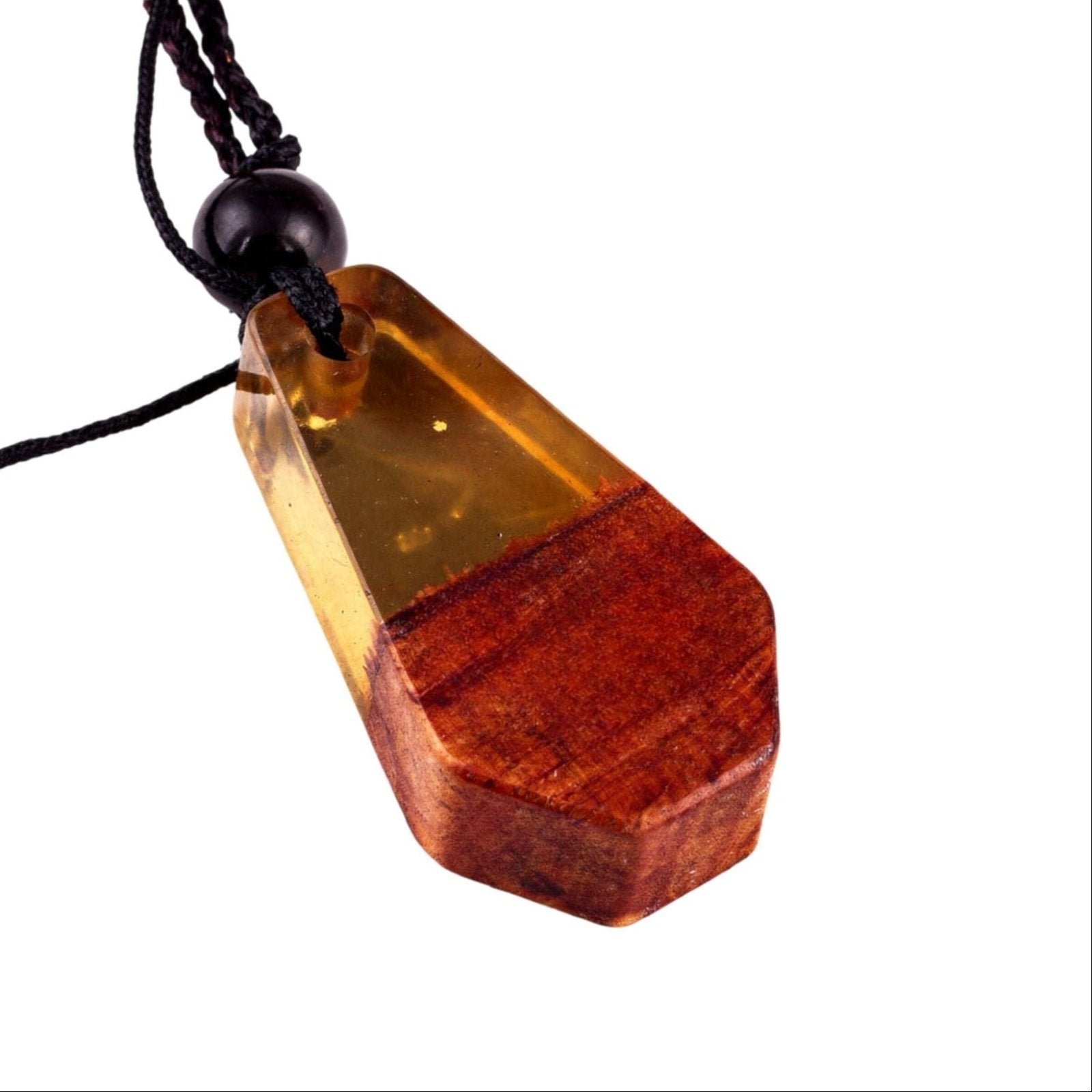 Collier long en bois et résine, avec pendentif géométrique, style artisanal