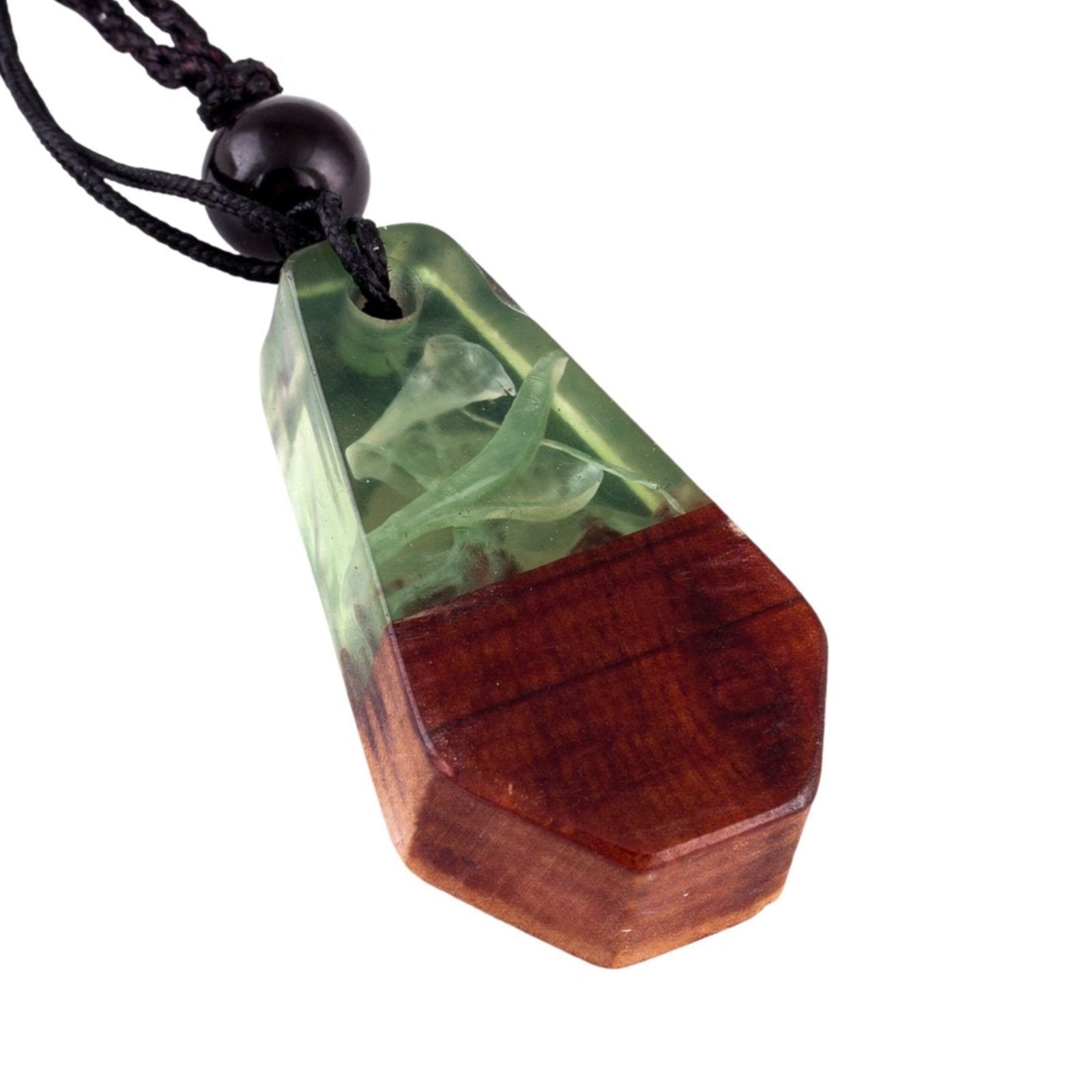 Collier long en bois et résine, avec pendentif géométrique, style artisanal