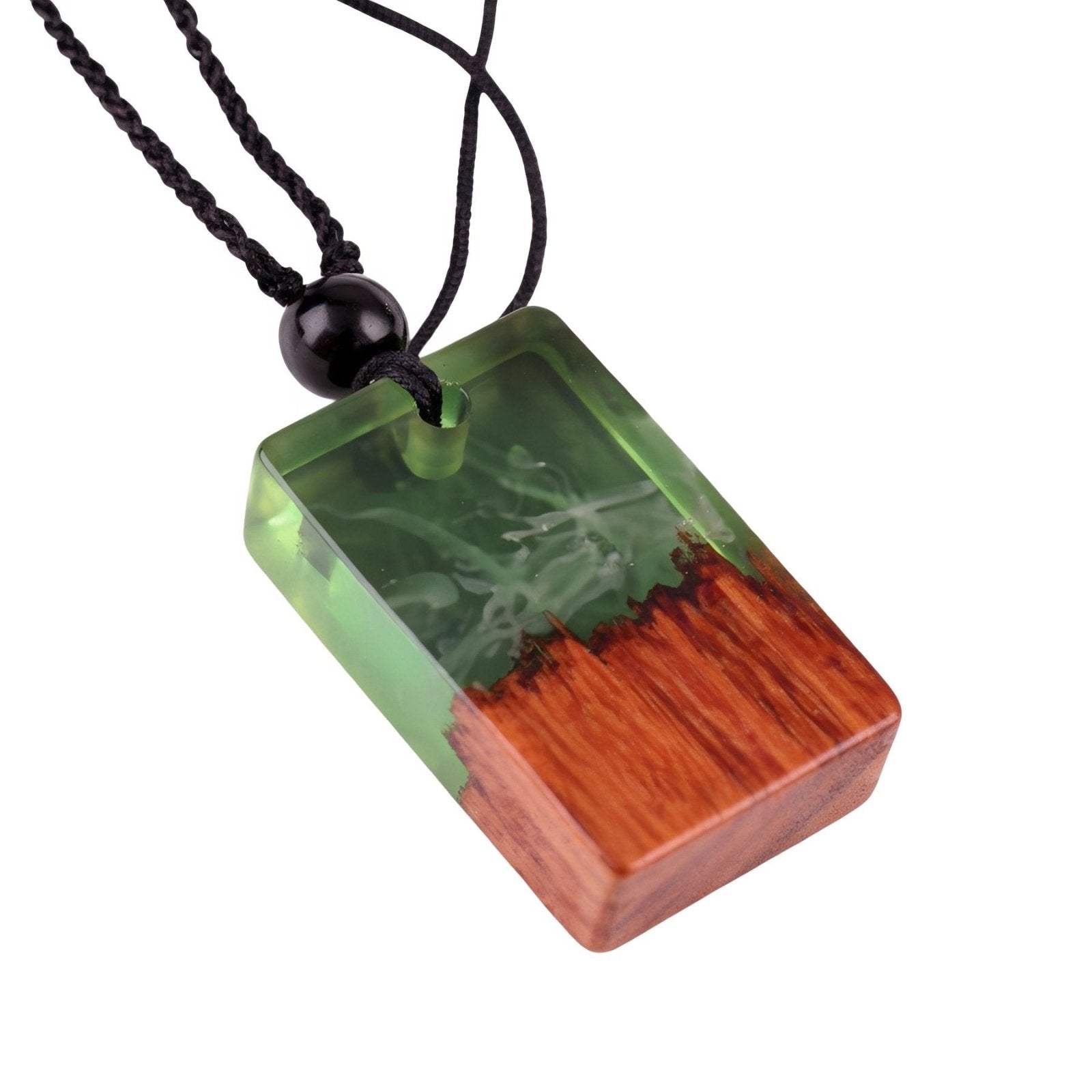 Collier long en bois et résine, avec pendentif rectangulaire, style artisanal