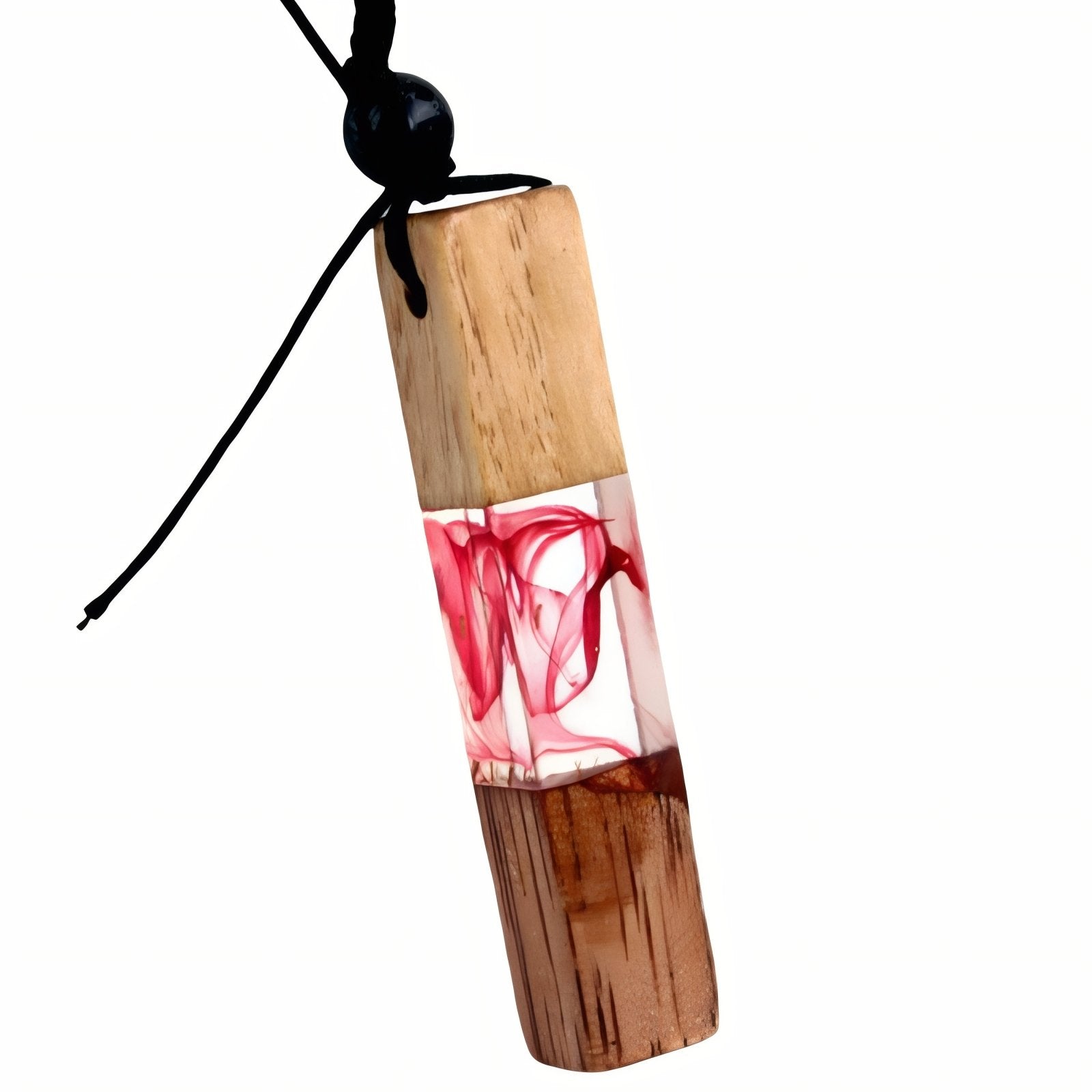 Collier long en bois naturel et résine colorée, avec pendentif géométrique, cordon réglable