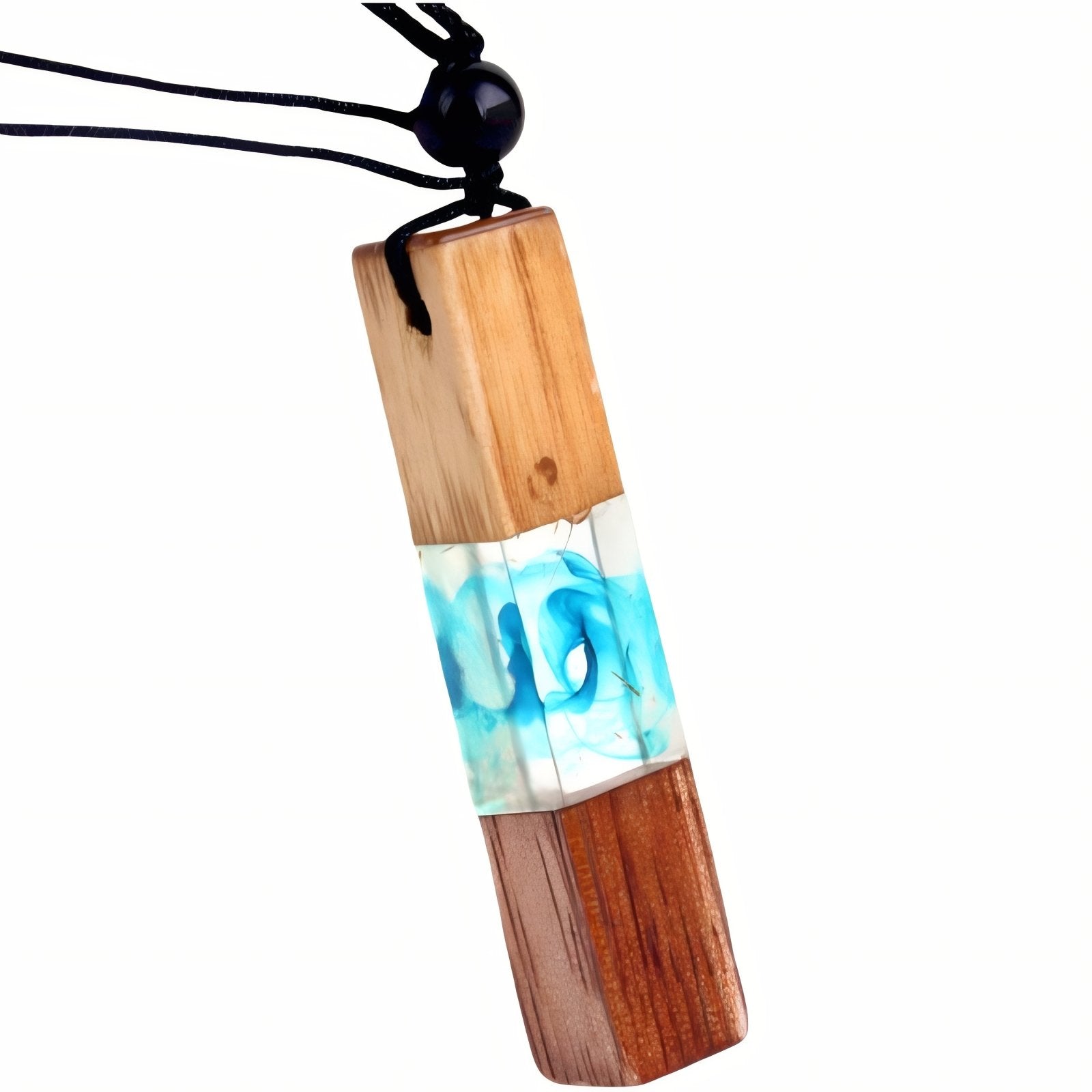 Collier long en bois naturel et résine colorée, avec pendentif géométrique, cordon réglable