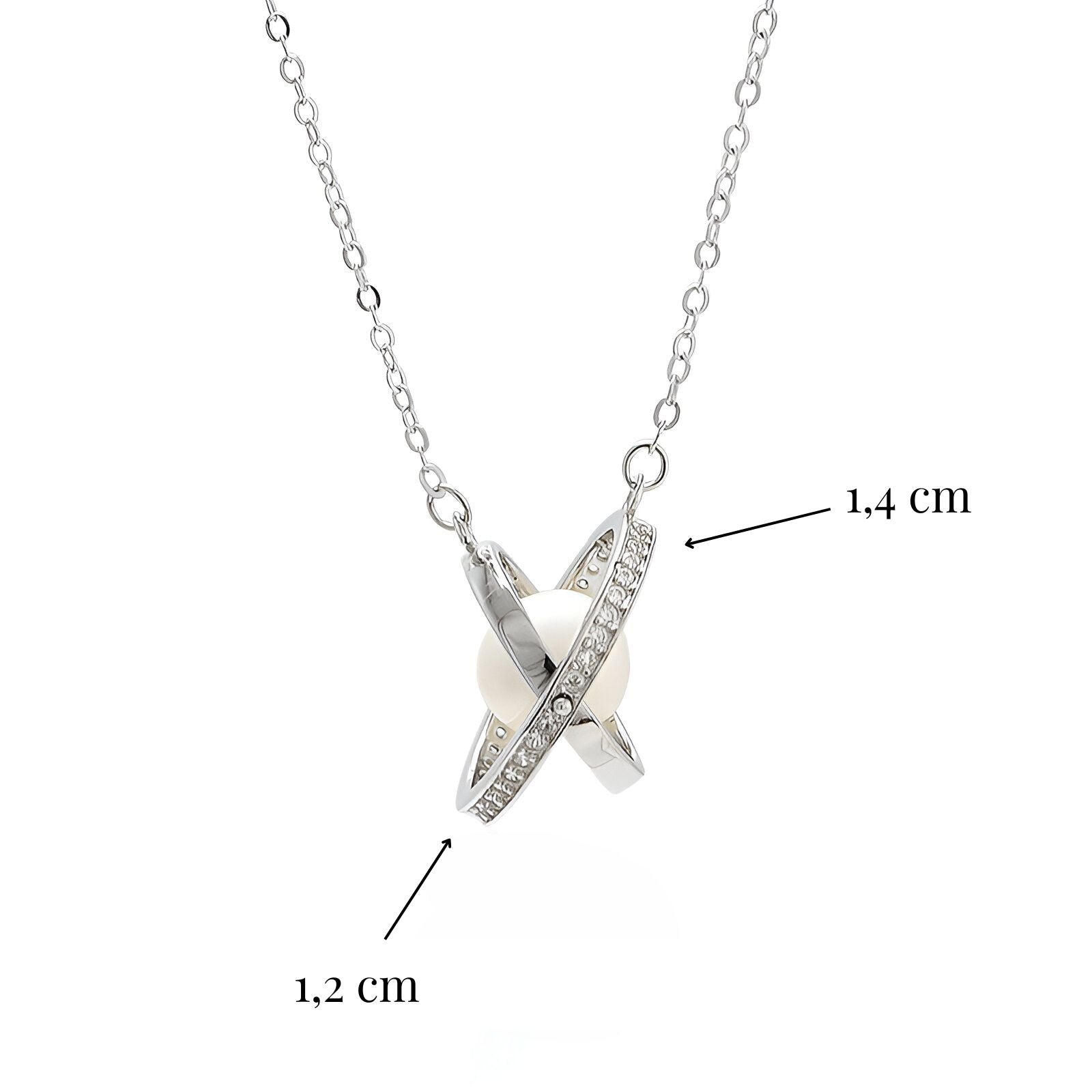 Collier long perle nacrée et anneaux sertis, design galaxie en argent massif, style moderne, modèle Luna