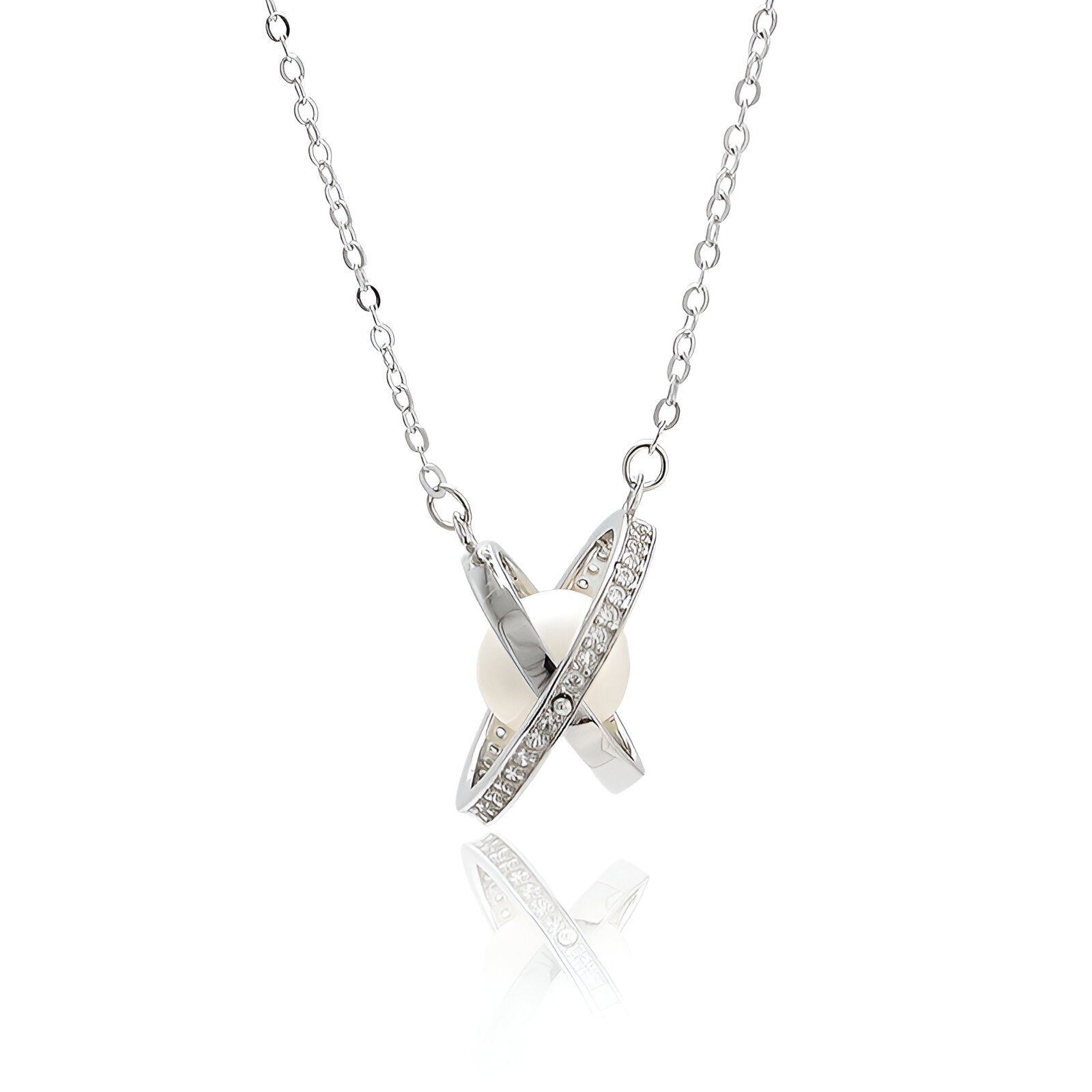 Collier long perle nacrée et anneaux sertis, design galaxie en argent massif, style moderne, modèle Luna