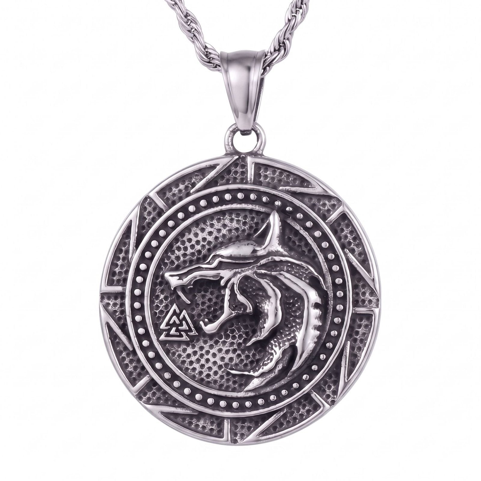 Collier loup pour homme, en acier inoxydable argenté, style viking