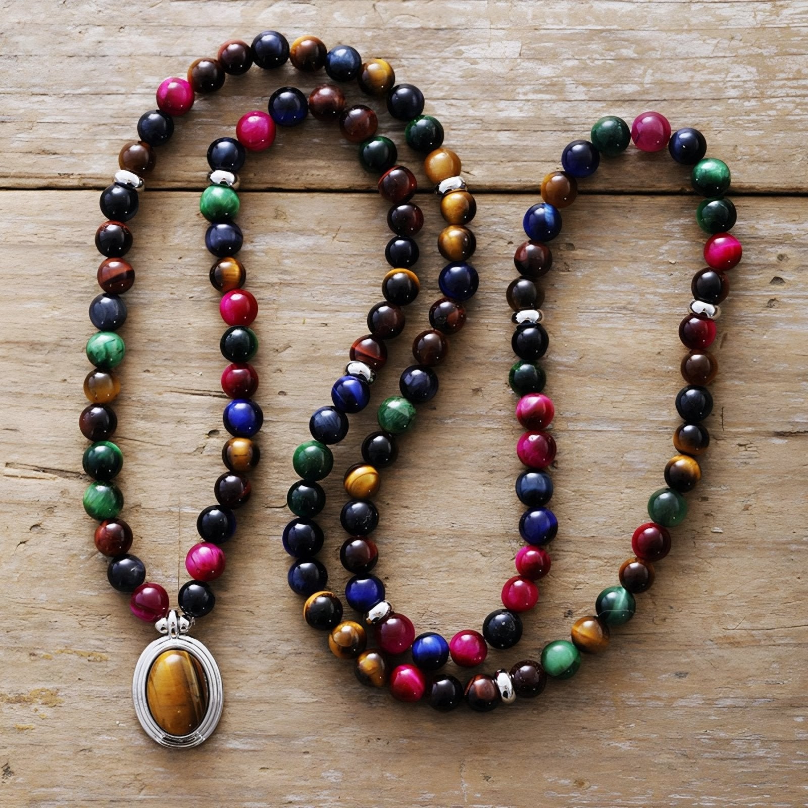 Collier Mala 108 perles, pierres naturelles multicolores et pendentif œil de tigre
