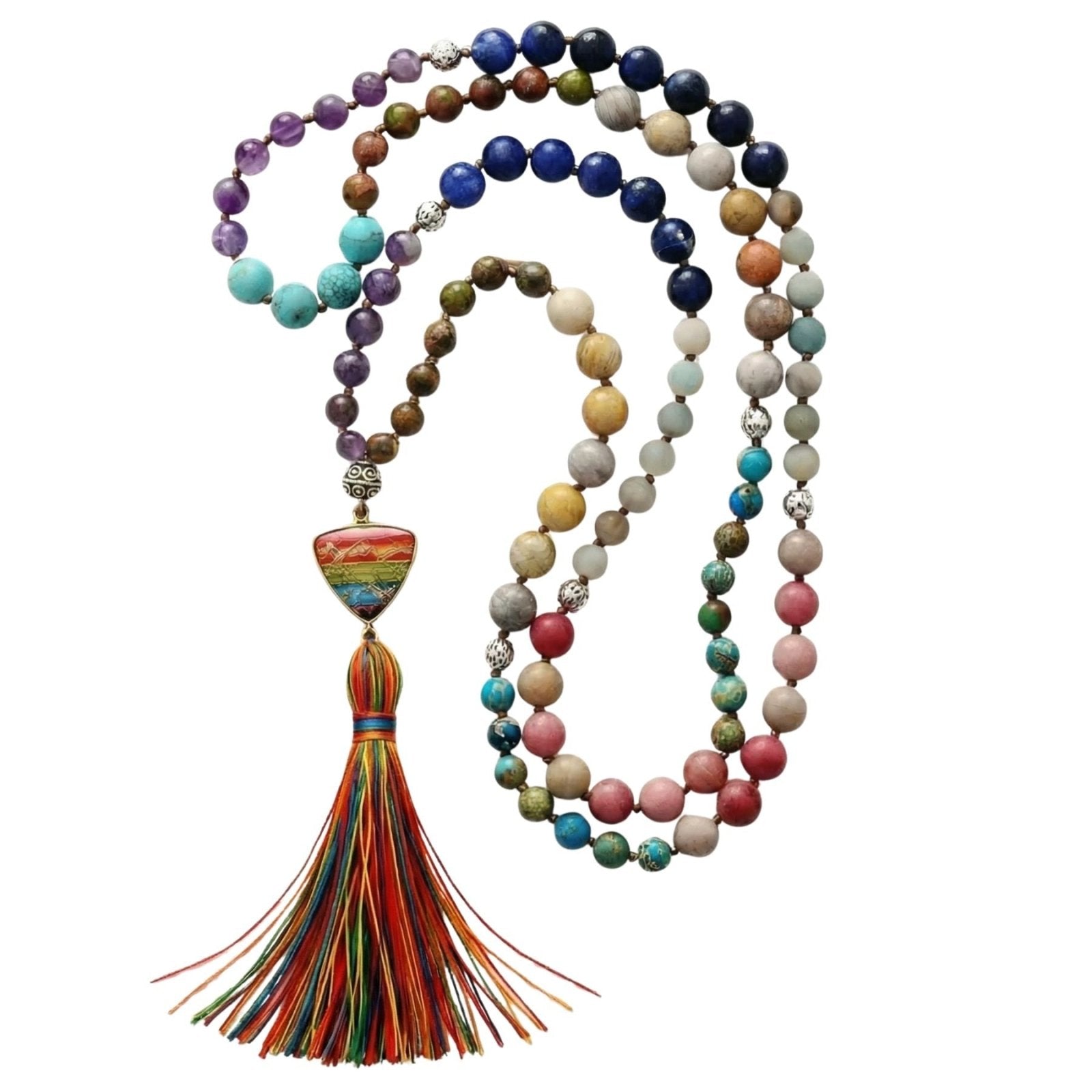 Collier Mala en pierres naturelles 7 chakras, pendentif triangle et pampille arc - en - ciel