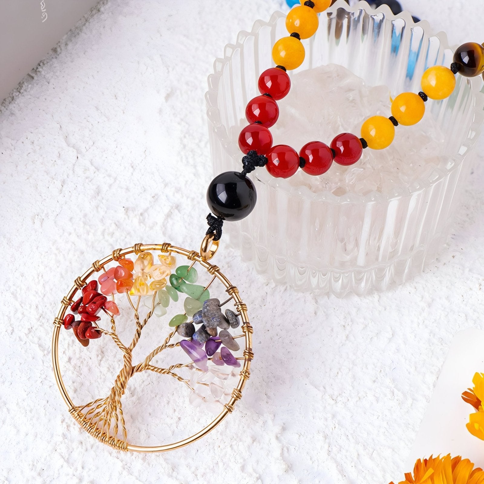 Collier mala pendentif arbre de vie en pierres naturelles, avec perles multicolores, style bohème