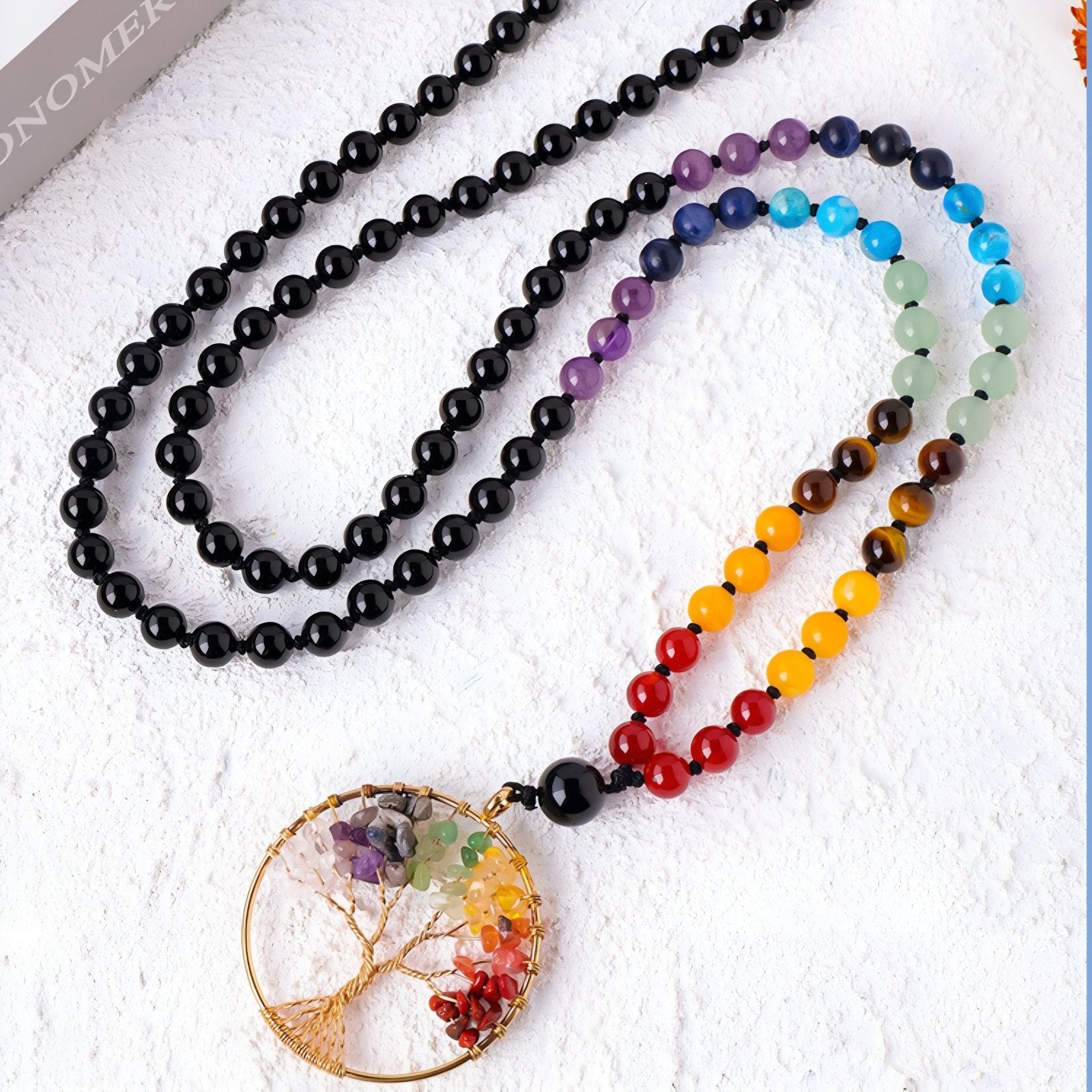 Collier mala pendentif arbre de vie en pierres naturelles, avec perles multicolores, style bohème