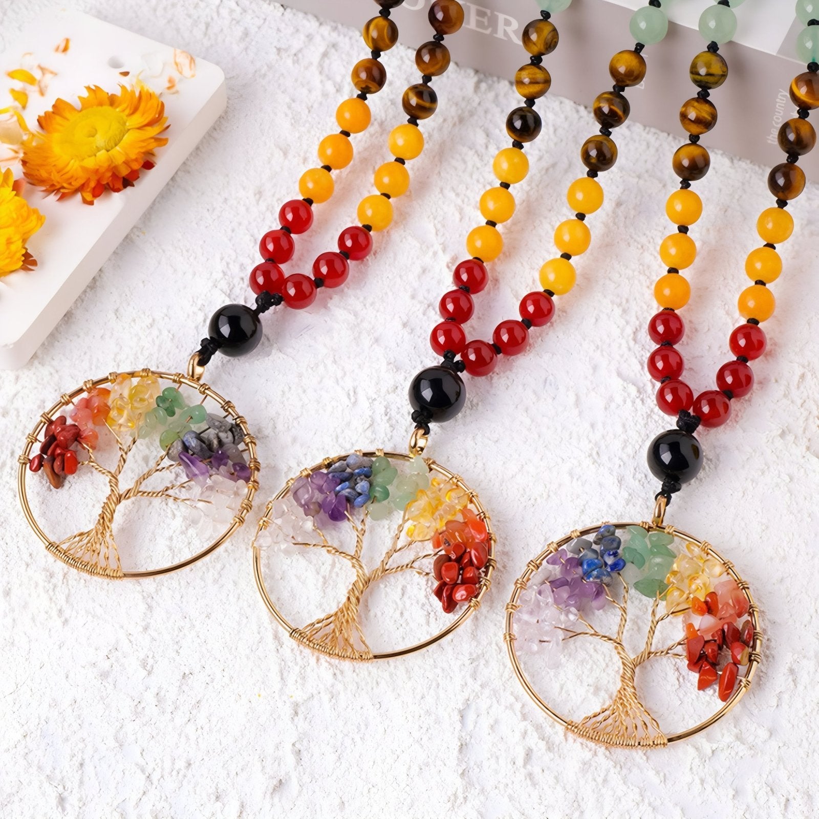 Collier mala pendentif arbre de vie en pierres naturelles, avec perles multicolores, style bohème