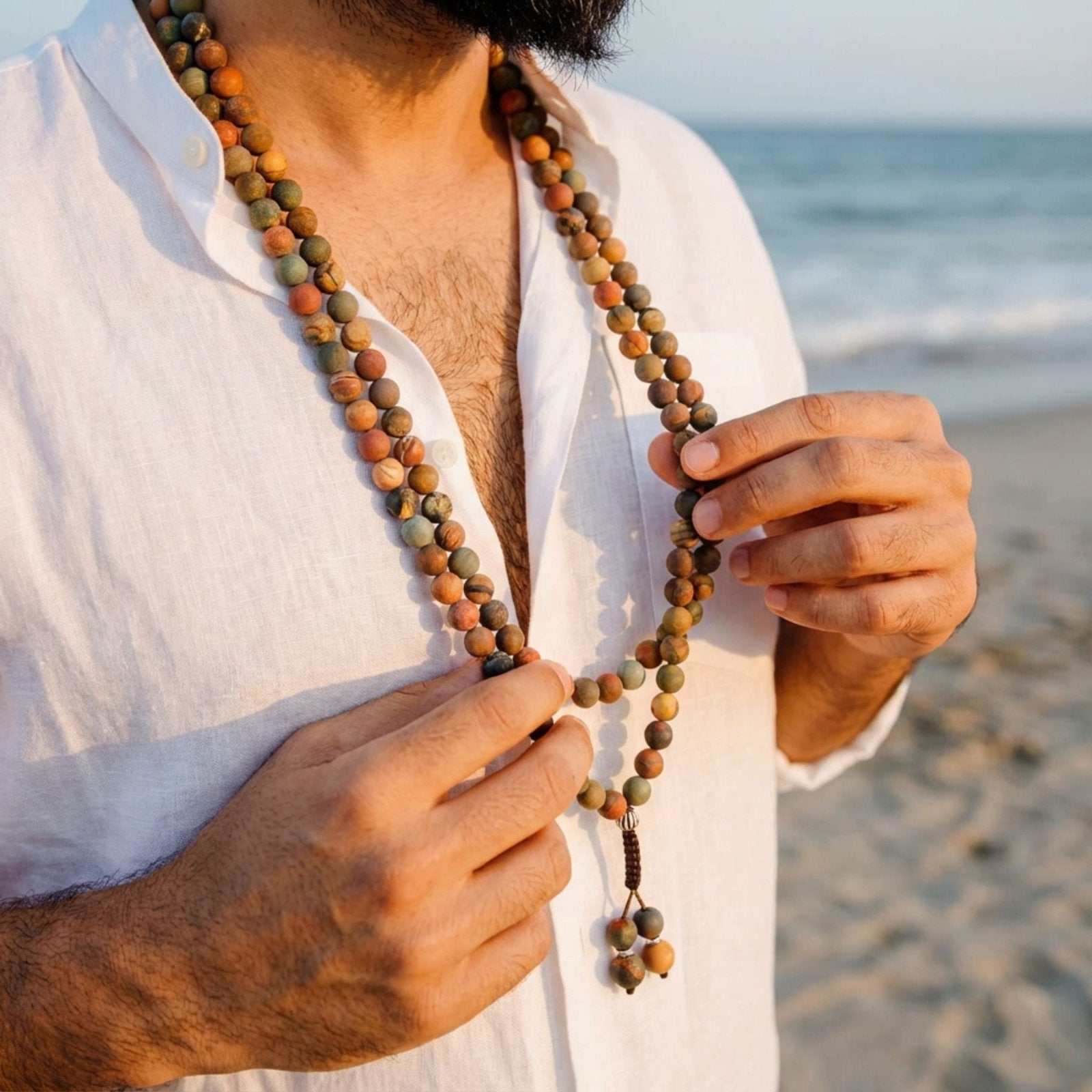 Collier Mala pour méditation, 108 perles en jaspe naturel, style ethnique bohème