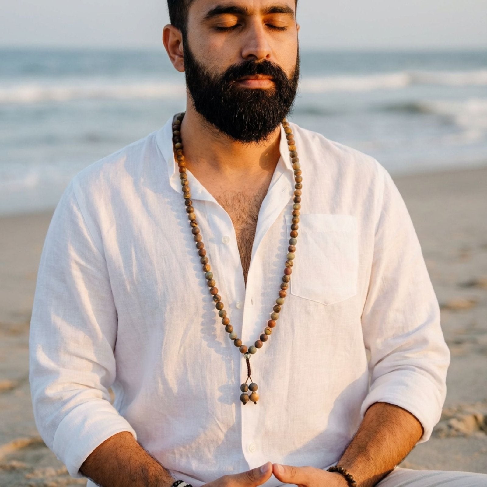 Collier Mala pour méditation, 108 perles en jaspe naturel, style ethnique bohème