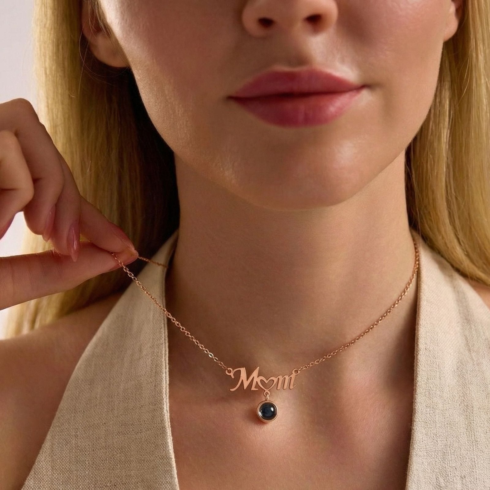 Collier maman, avec pendentif Mom et cœur, projection "Je t'aime", en acier inoxydable