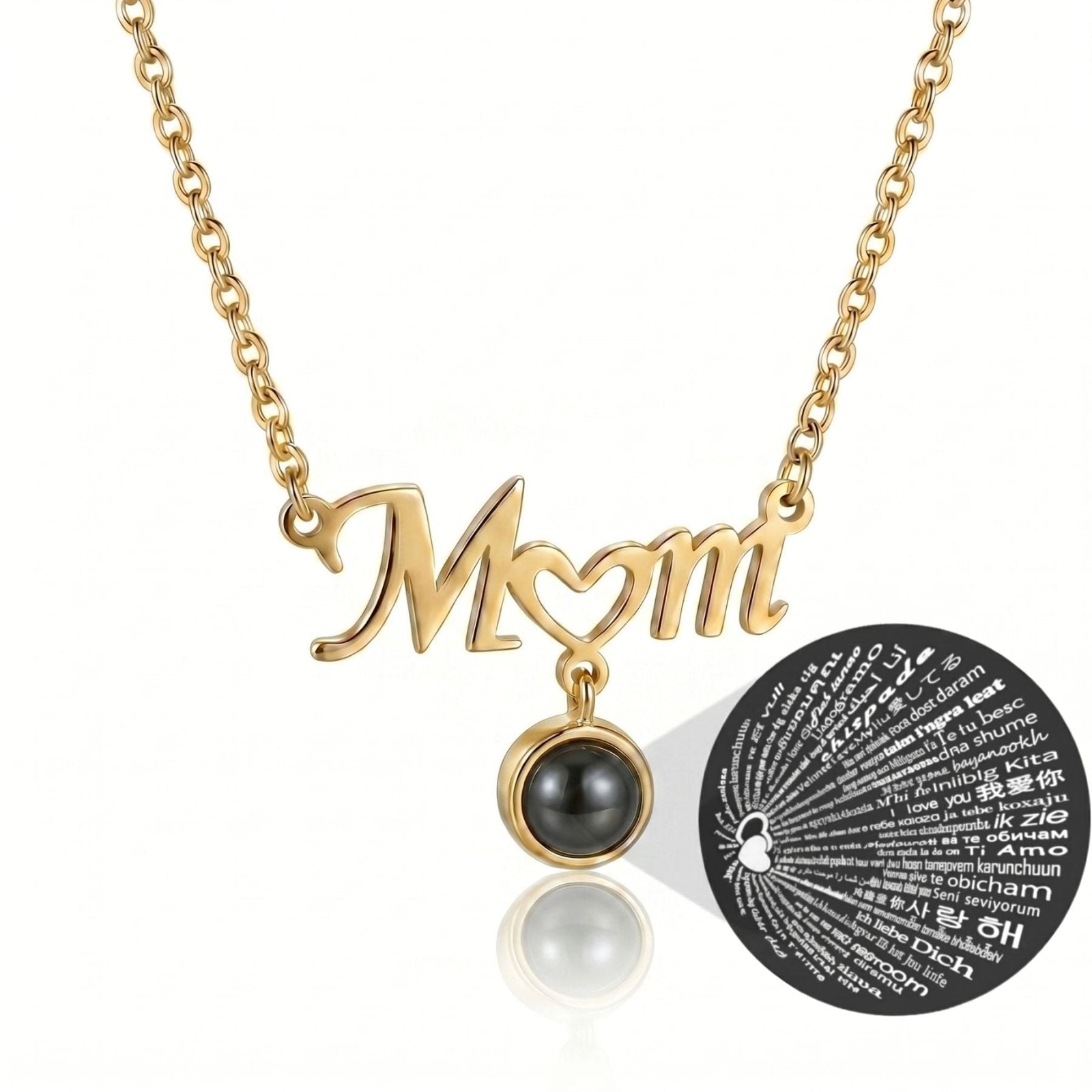 Collier maman, avec pendentif Mom et cœur, projection "Je t'aime", en acier inoxydable
