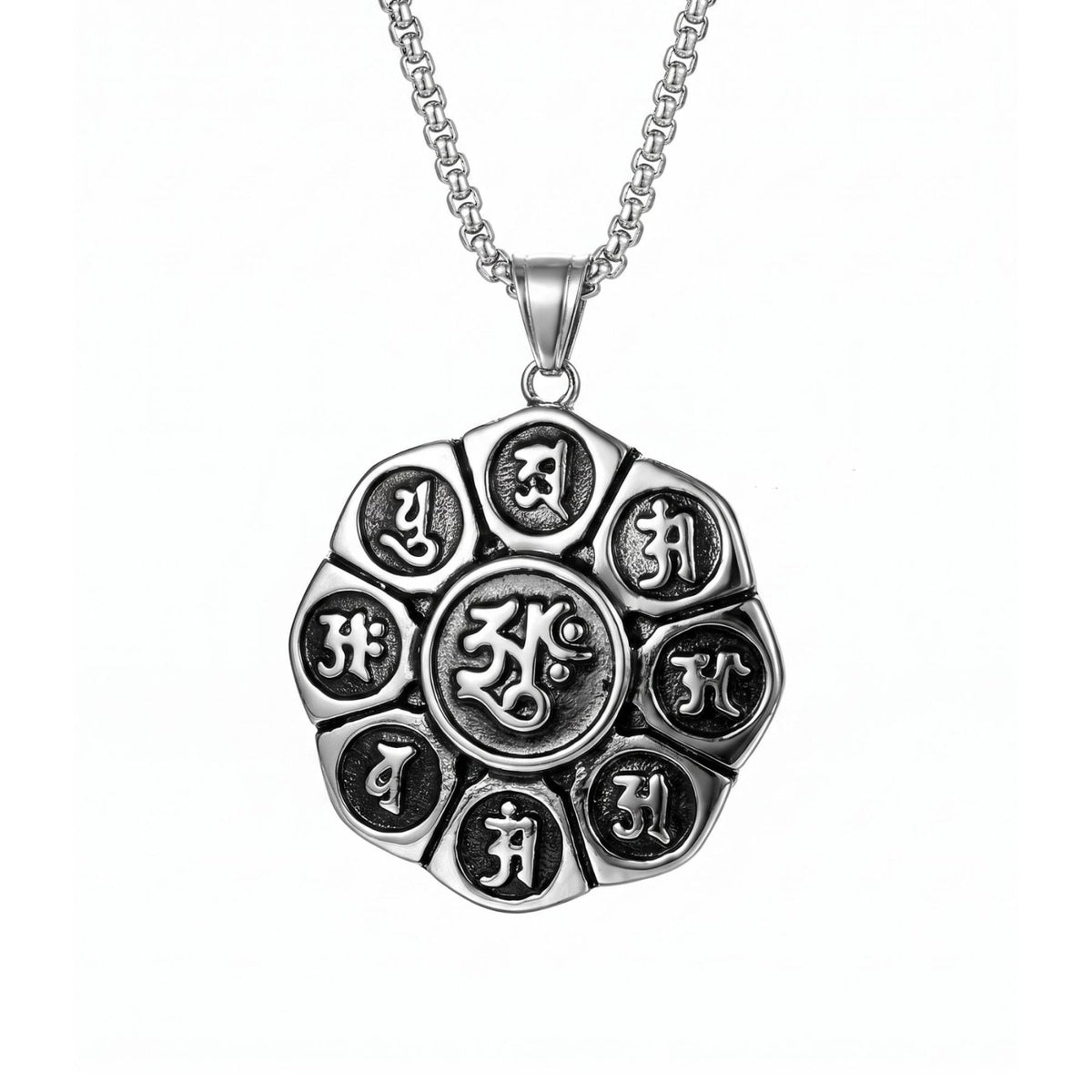 Collier mantra bouddhiste pour homme, en acier titane, pendentif rond orné de symboles tibétains en relief