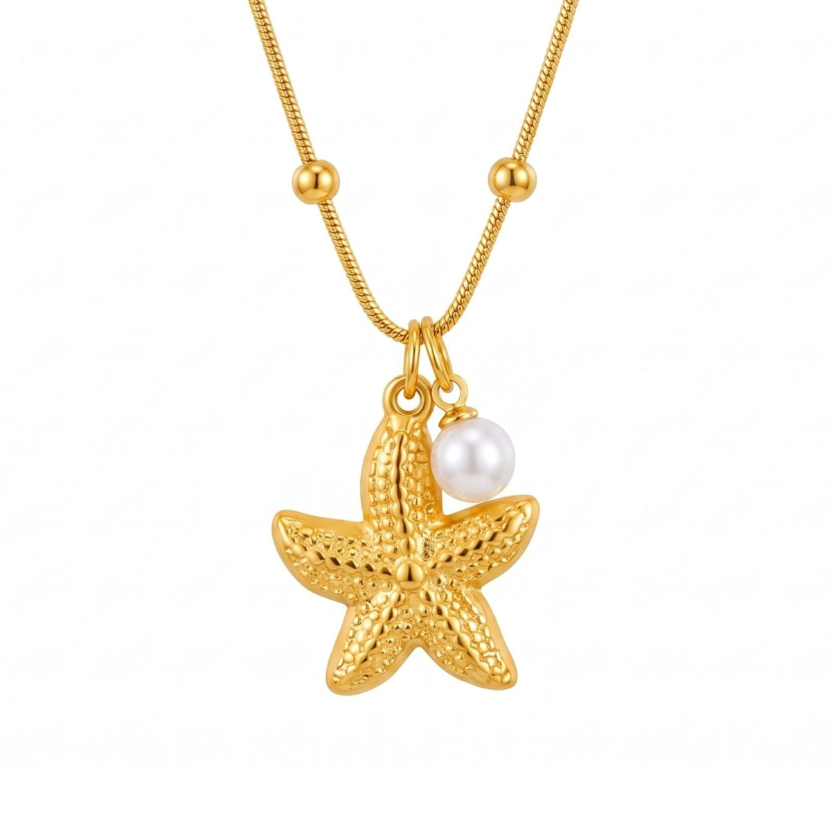 Collier marin pour femme, en acier inoxydable doré, étoile de mer et perle blanche au style élégant
