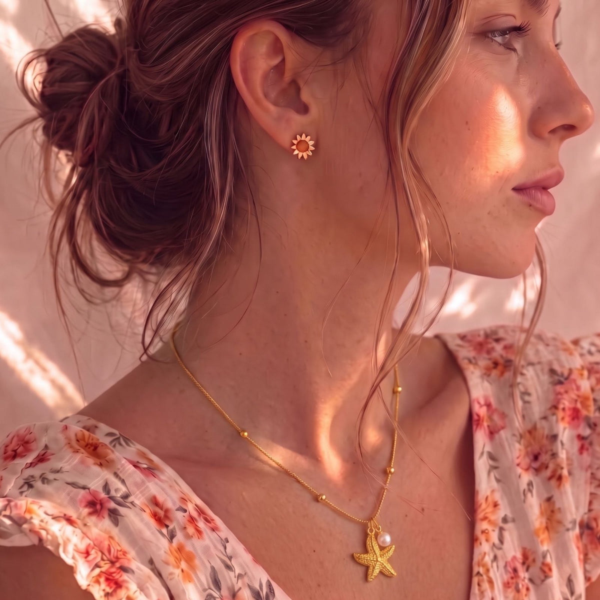 Collier marin pour femme, en acier inoxydable doré, étoile de mer et perle blanche au style élégant