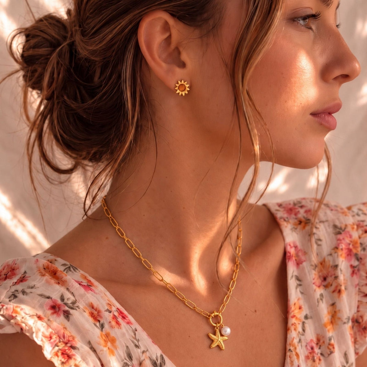 Collier marin pour femme, en acier inoxydable doré, pendentif étoile de mer avec perle