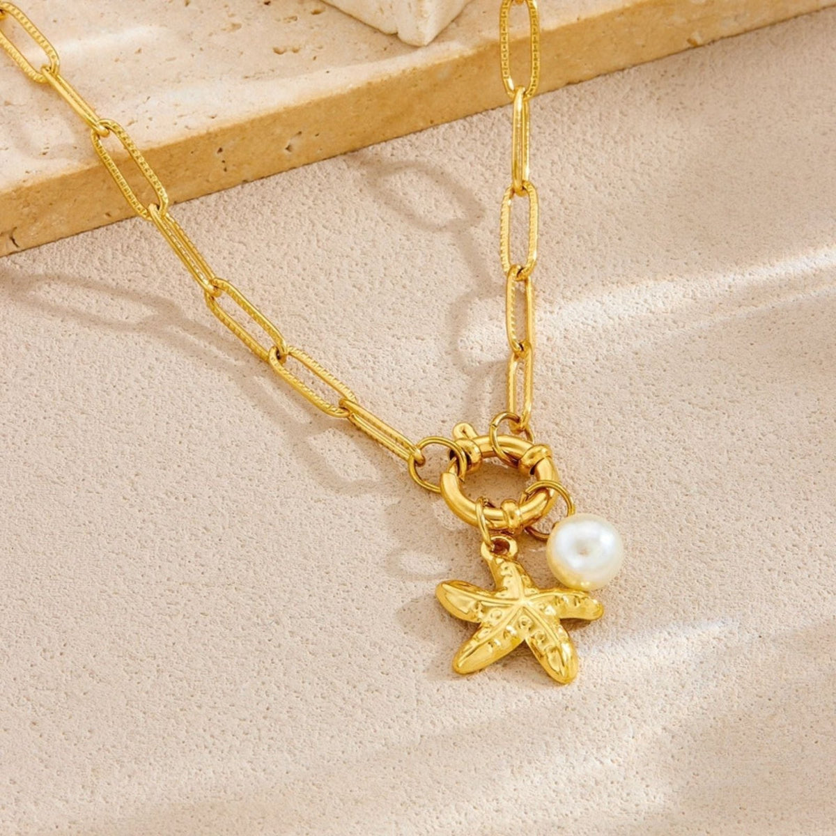 Collier marin pour femme, en acier inoxydable doré, pendentif étoile de mer avec perle