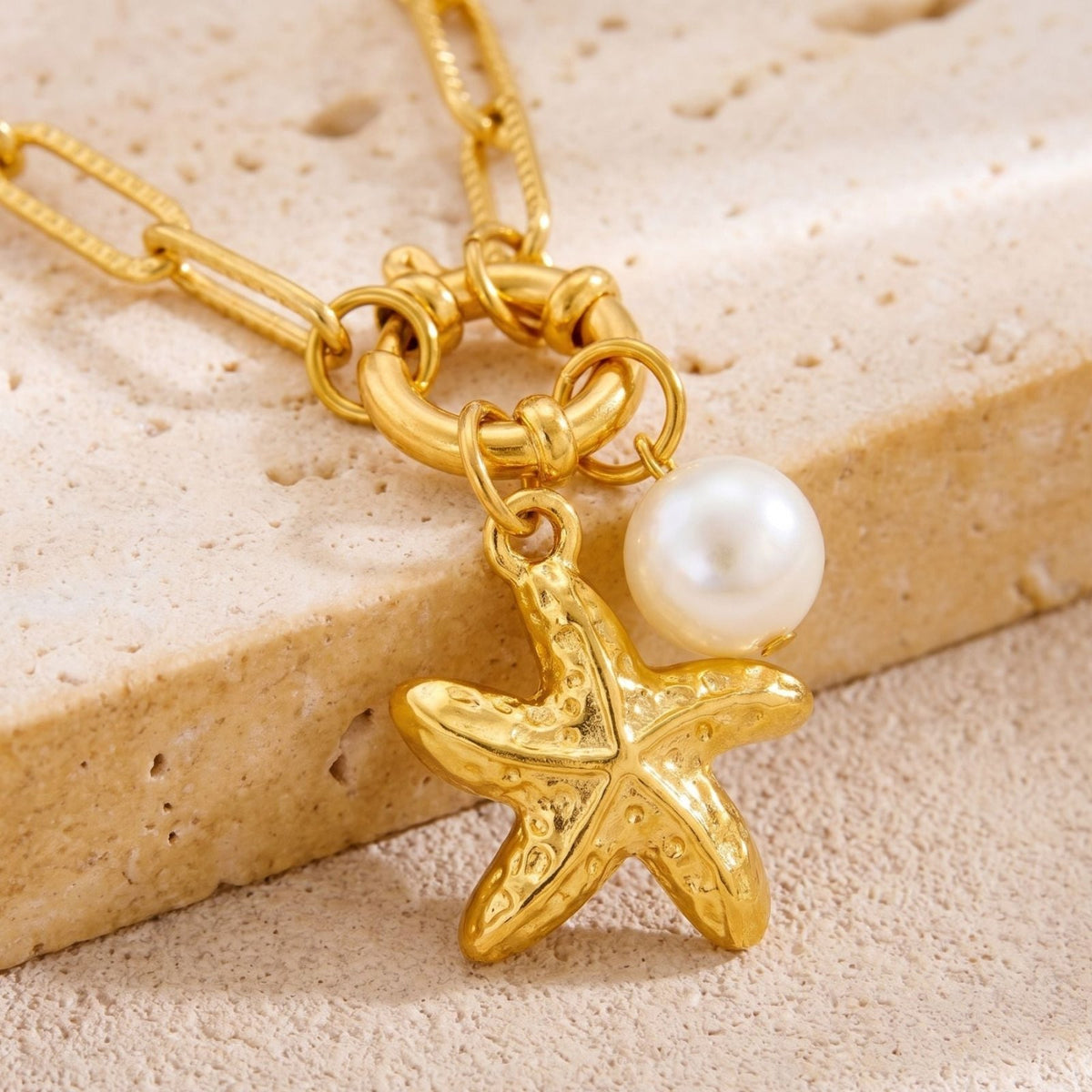 Collier marin pour femme, en acier inoxydable doré, pendentif étoile de mer avec perle
