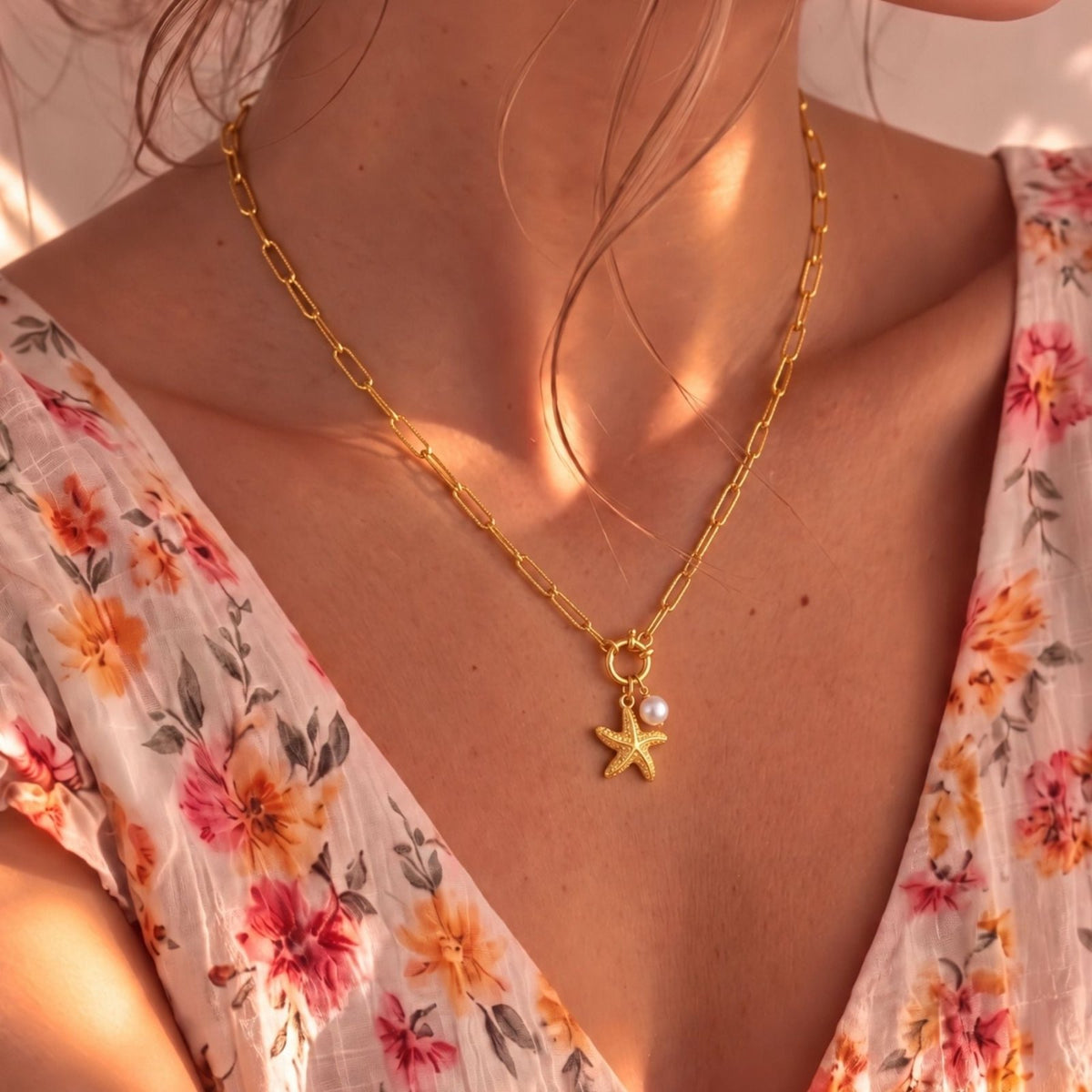 Collier marin pour femme, en acier inoxydable doré, pendentif étoile de mer avec perle