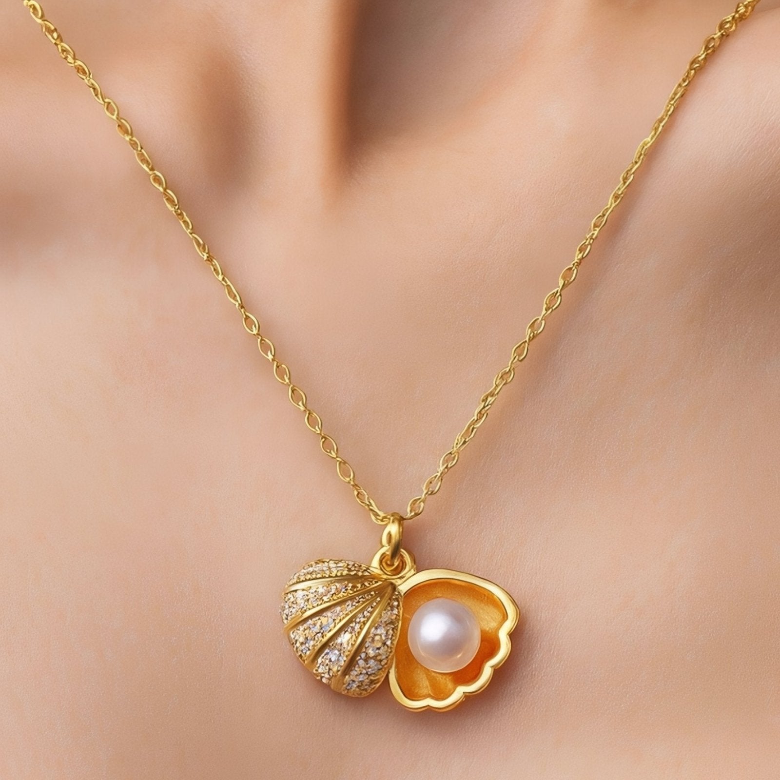 Collier marin pour femme, pendentif coquillage et perle, en acier inoxydable serti zircon