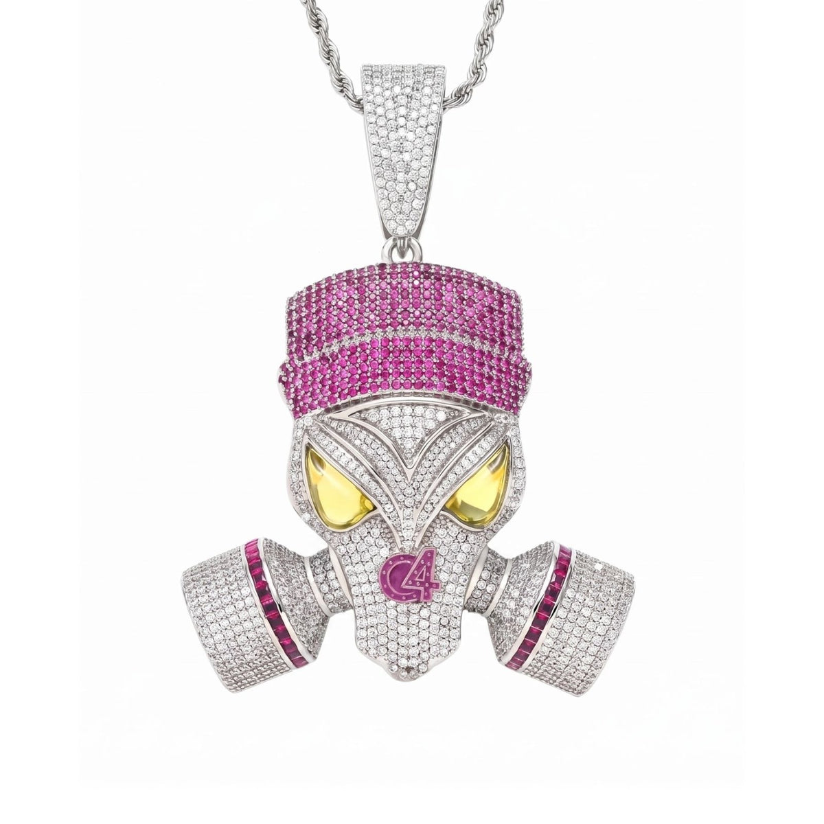 Collier masque à gaz pour homme, en cuivre serti de zircon blancs et rose, pendentif hip-hop oversize avec chaîne torsadée
