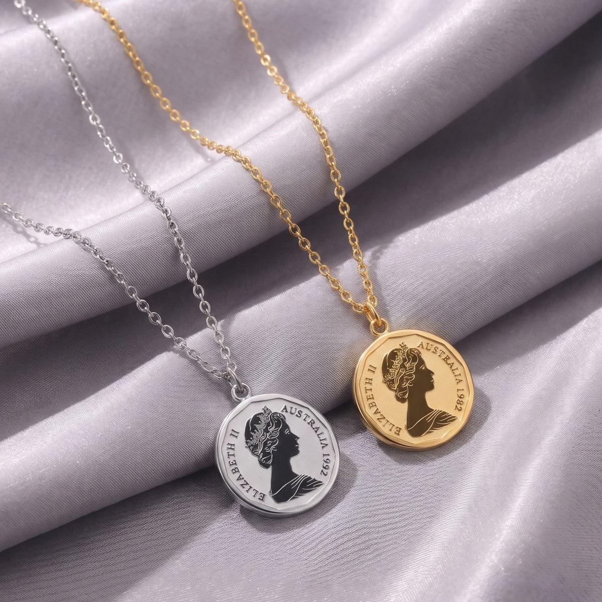 Collier médaille Reine Elizabeth II pour femme, en acier inoxydable doré, pendentif double face pièce australienne avec portrait royal et armoiries