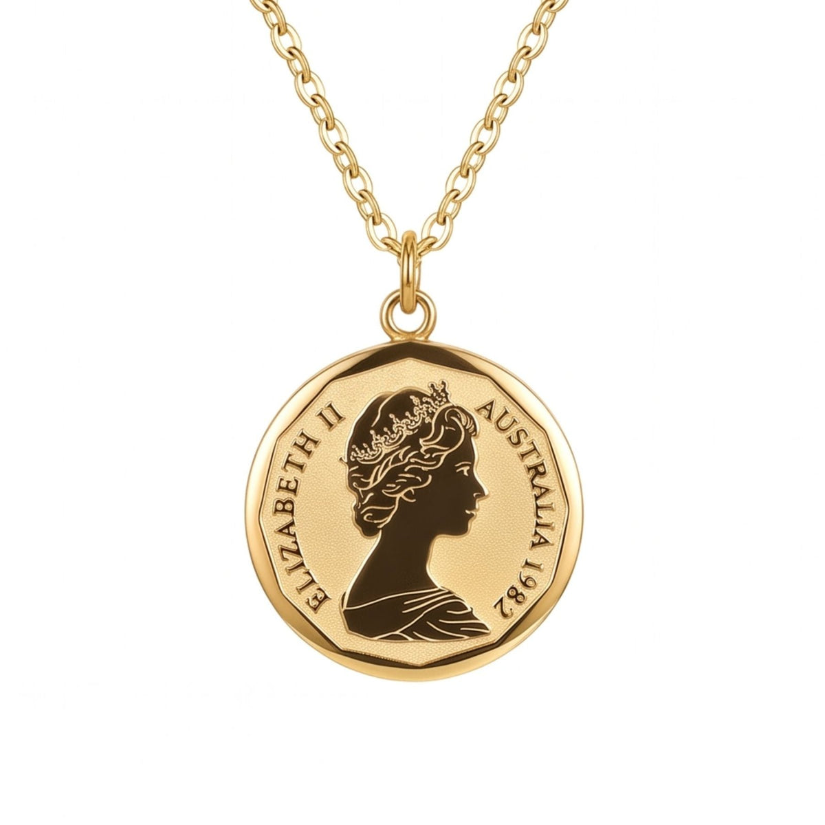 Collier médaille Reine Elizabeth II pour femme, en acier inoxydable doré, pendentif double face pièce australienne avec portrait royal et armoiries