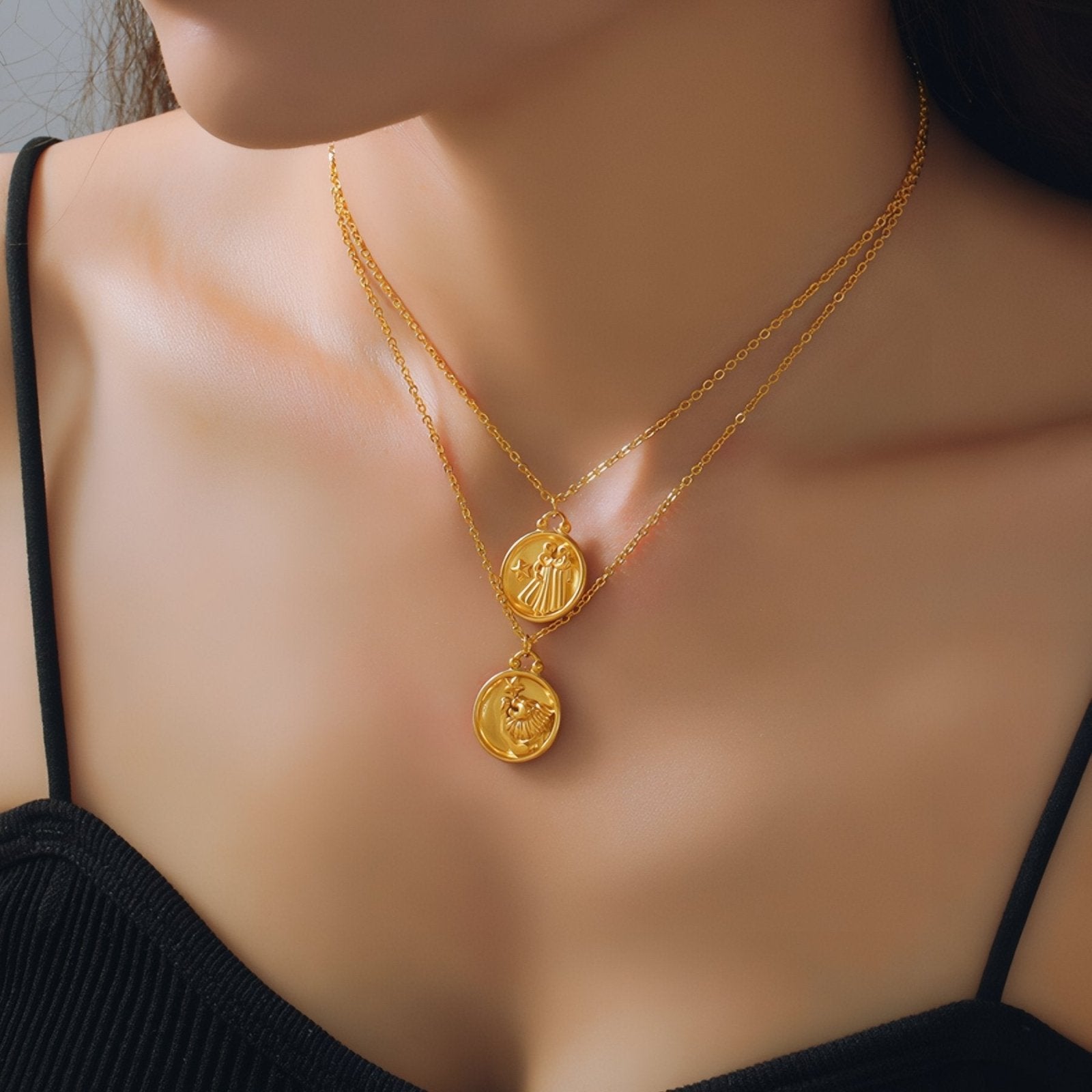 Collier médaille zodiaque réversible, signe astrologique et constellation, en acier inoxydable plaqué or 18K