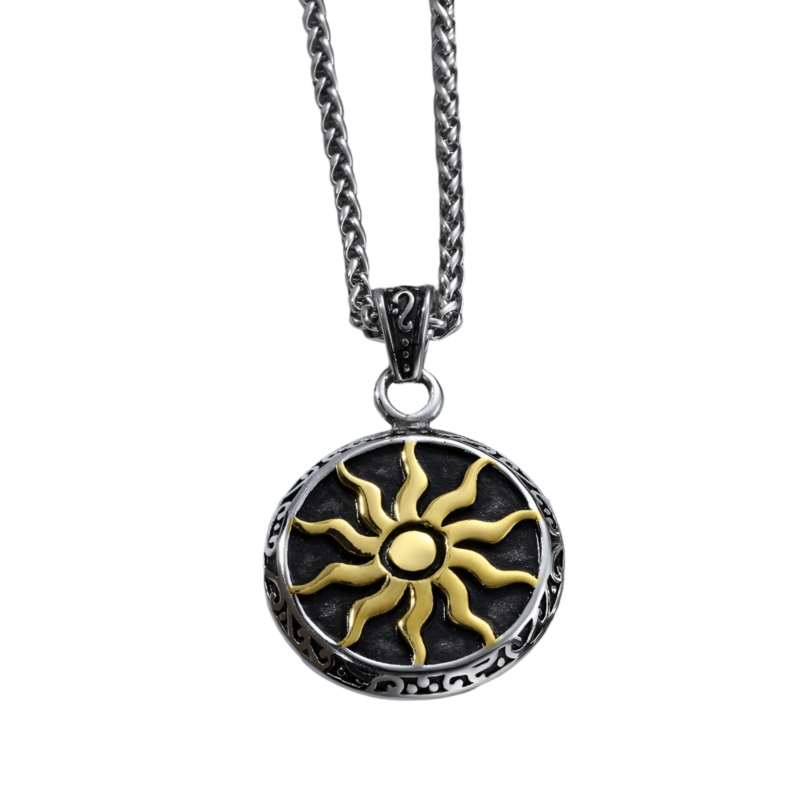 Collier médaillon solaire en acier inoxydable, style viking, pour homme, modèle Helios
