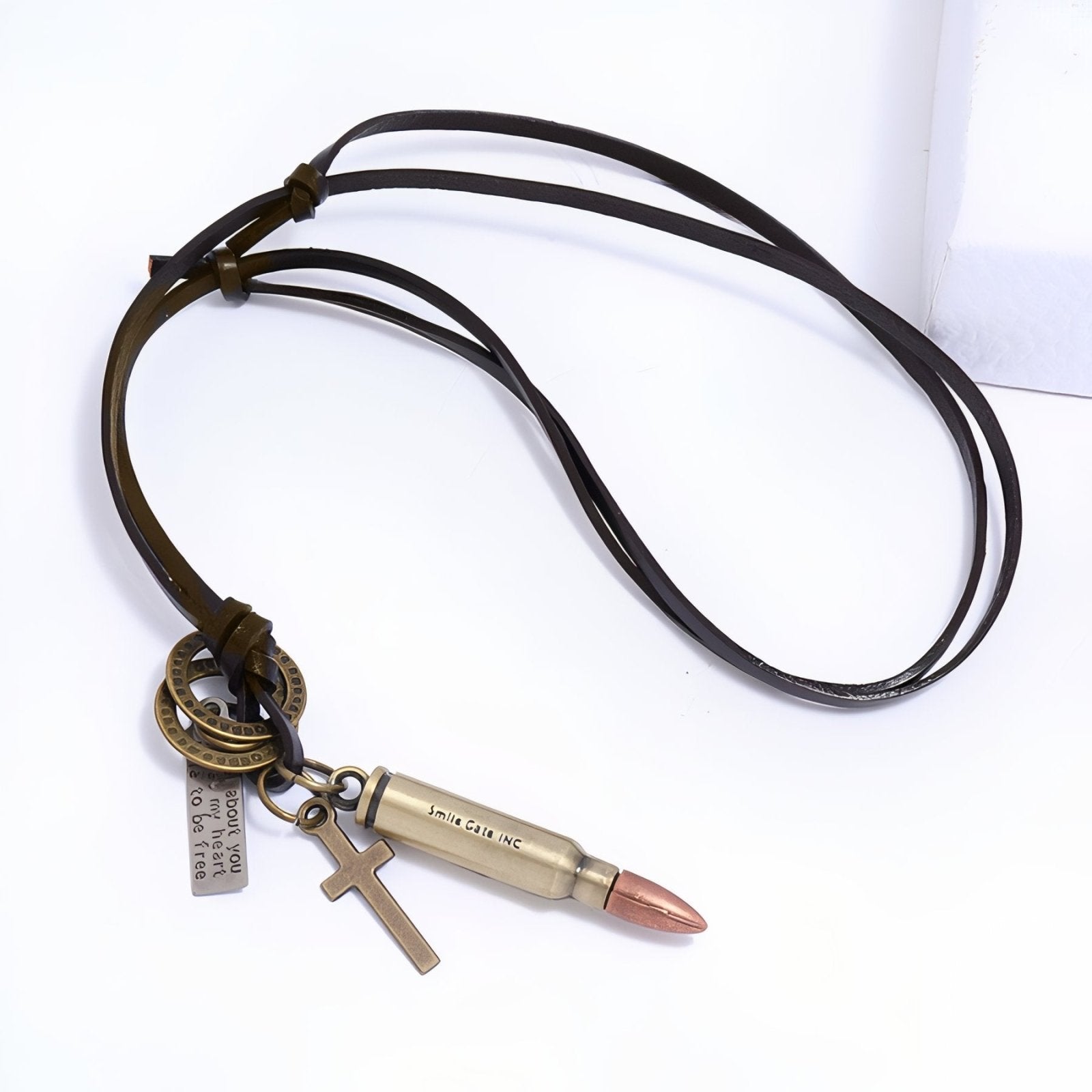 Collier militaire homme, pendentif douille en métal vieilli et croix, cordon en cuir marron réglable