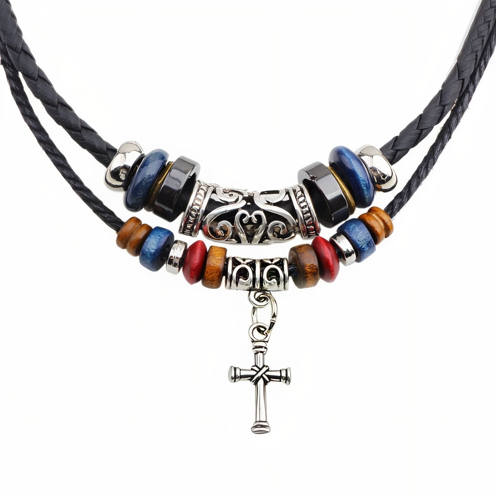 Collier mixte double rang, style bohème, perles ethniques multicolores et pendentif croix