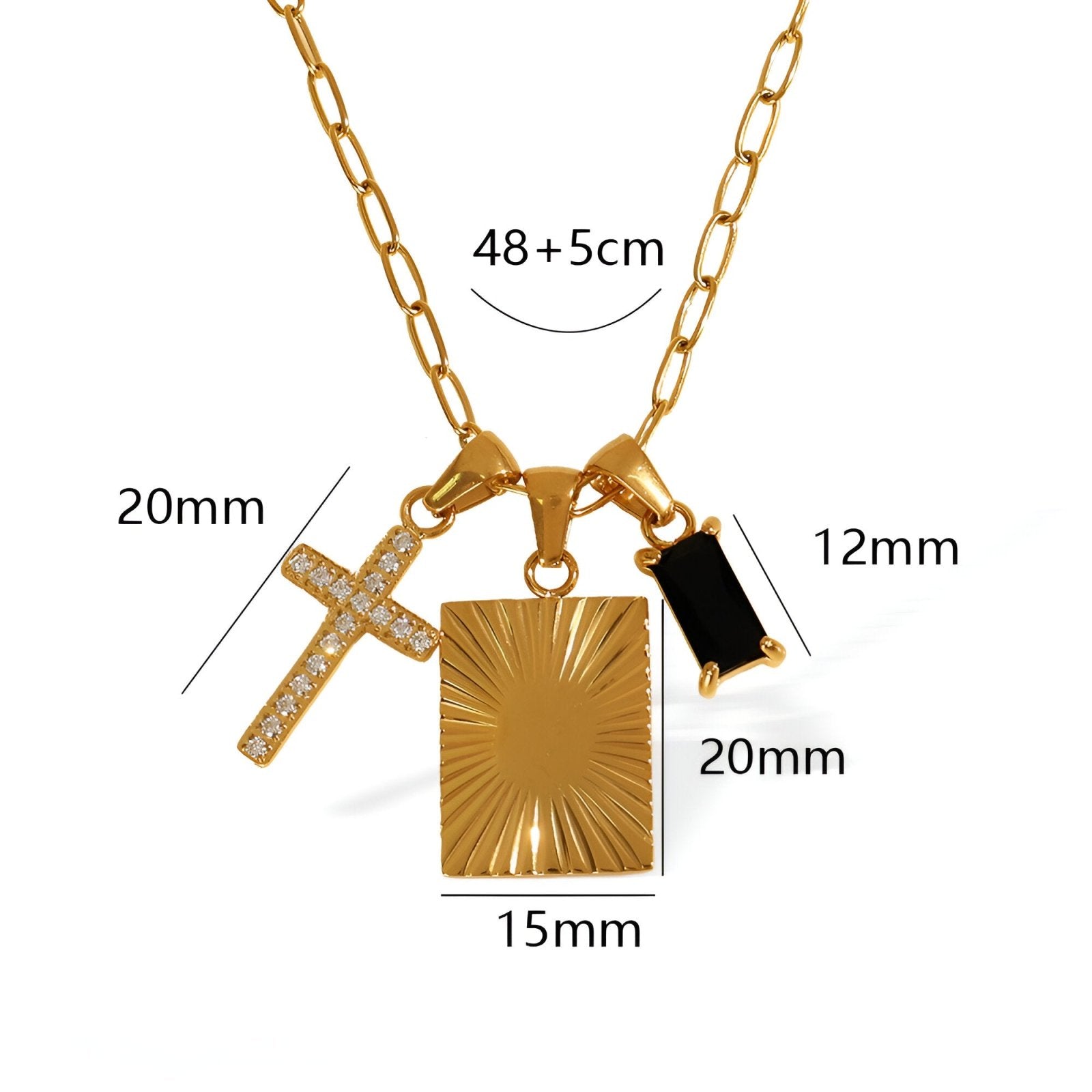 Collier moderne multi - pendentifs doré, croix zircon et pierre noire, en acier titane, modèle Vesper