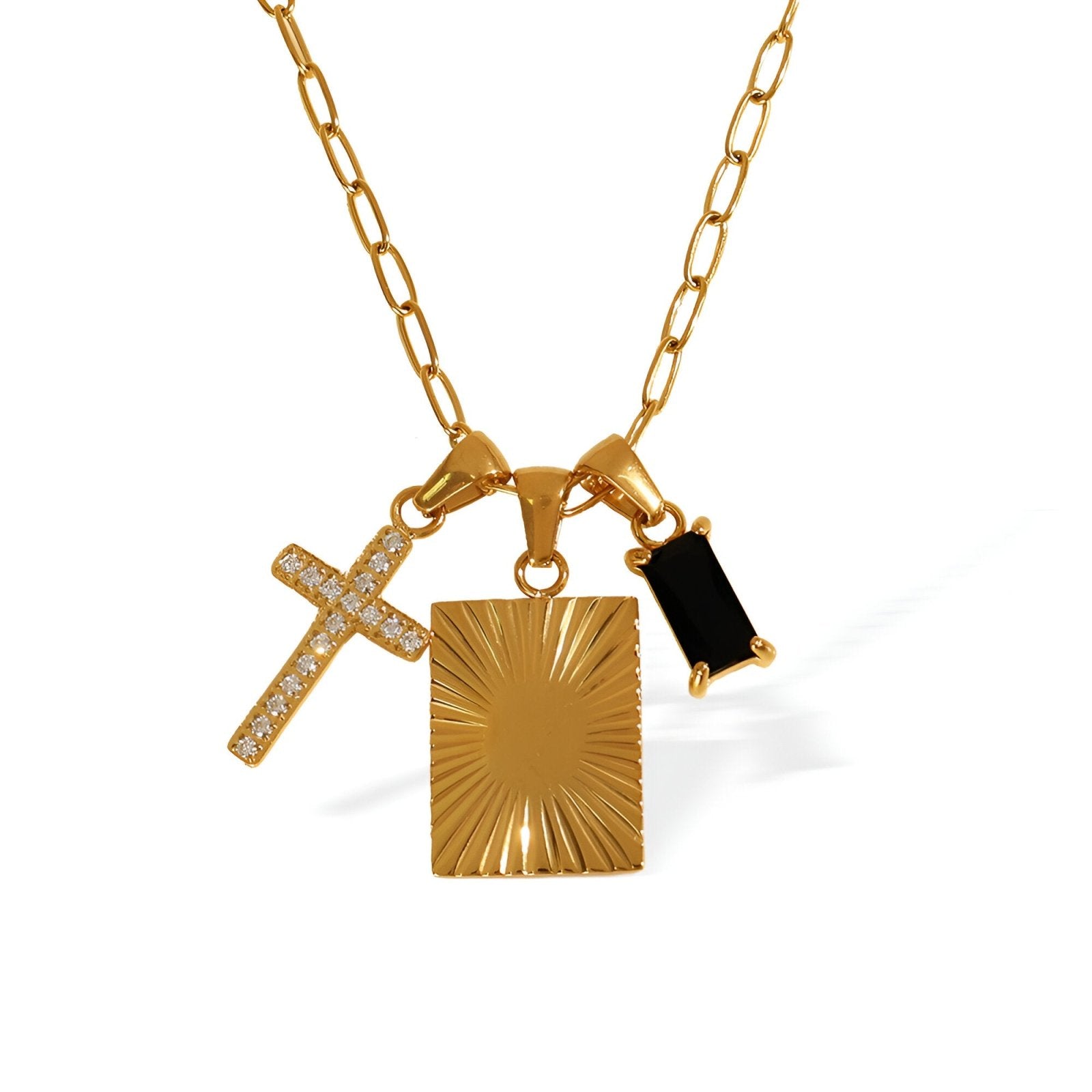 Collier moderne multi - pendentifs doré, croix zircon et pierre noire, en acier titane, modèle Vesper