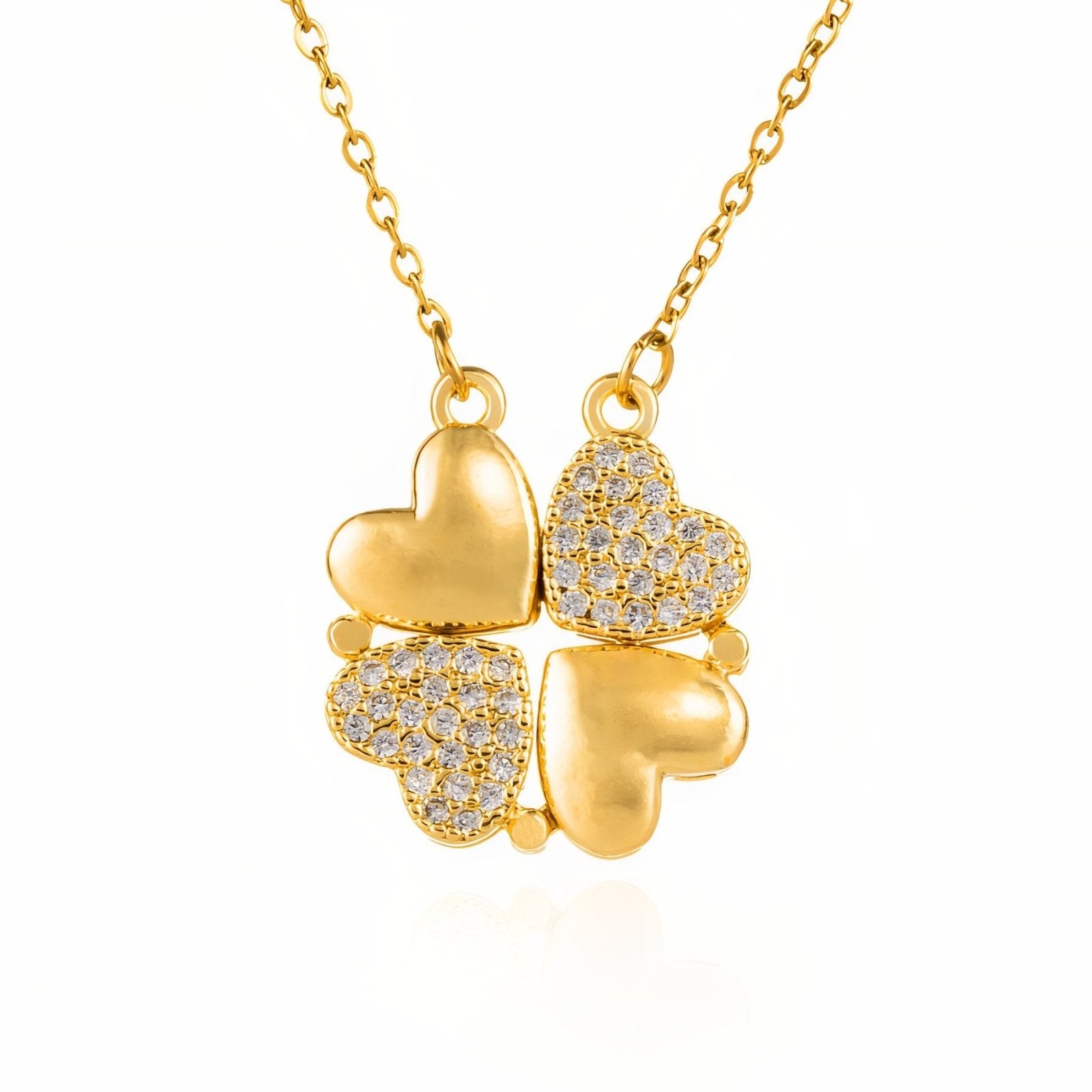 Collier modulable 2 - en - 1, motif trèfle cœur doré poli et pavé zircon, modèle Nila