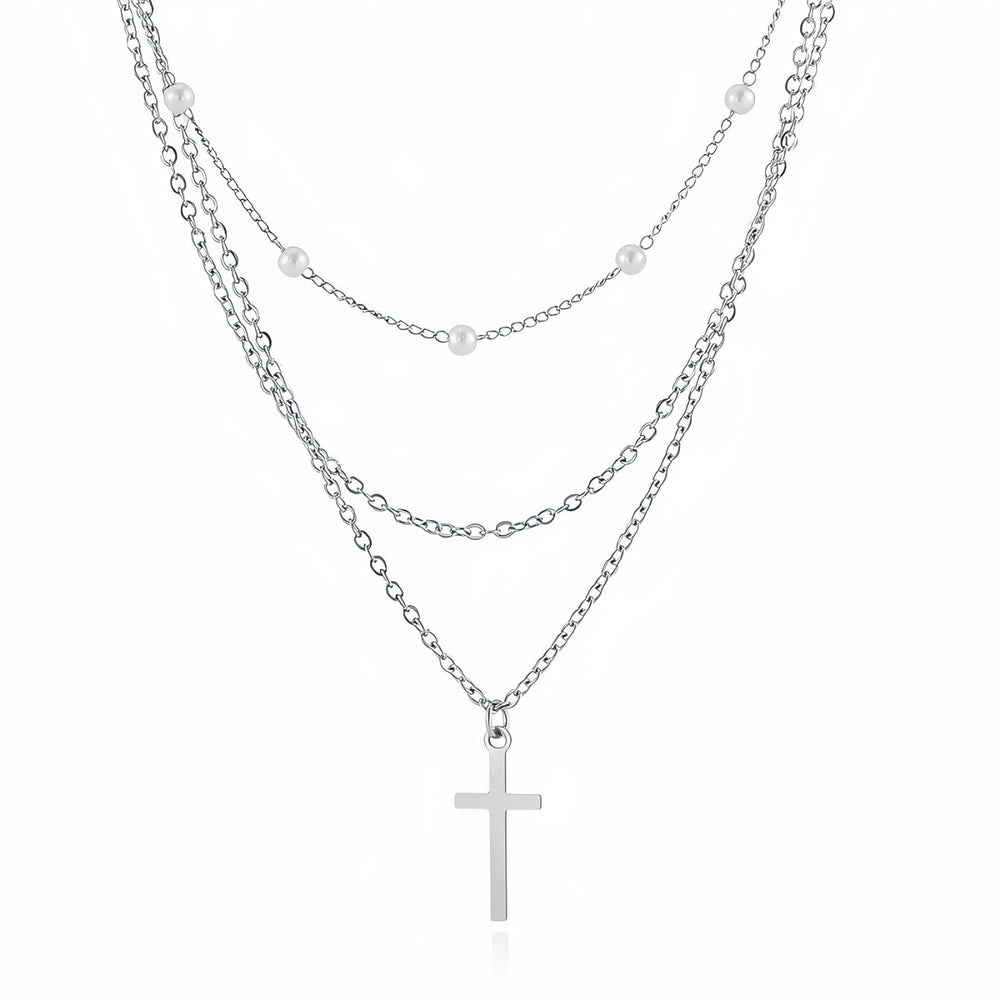 Collier multi-rangs avec pendentif croix et perles blanches