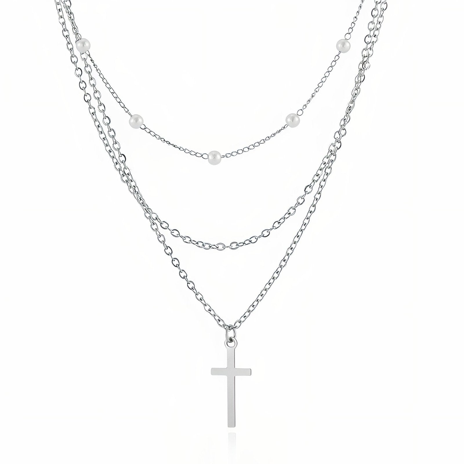 Collier multi - rangs avec pendentif croix et perles blanches, modèle Kovalenko