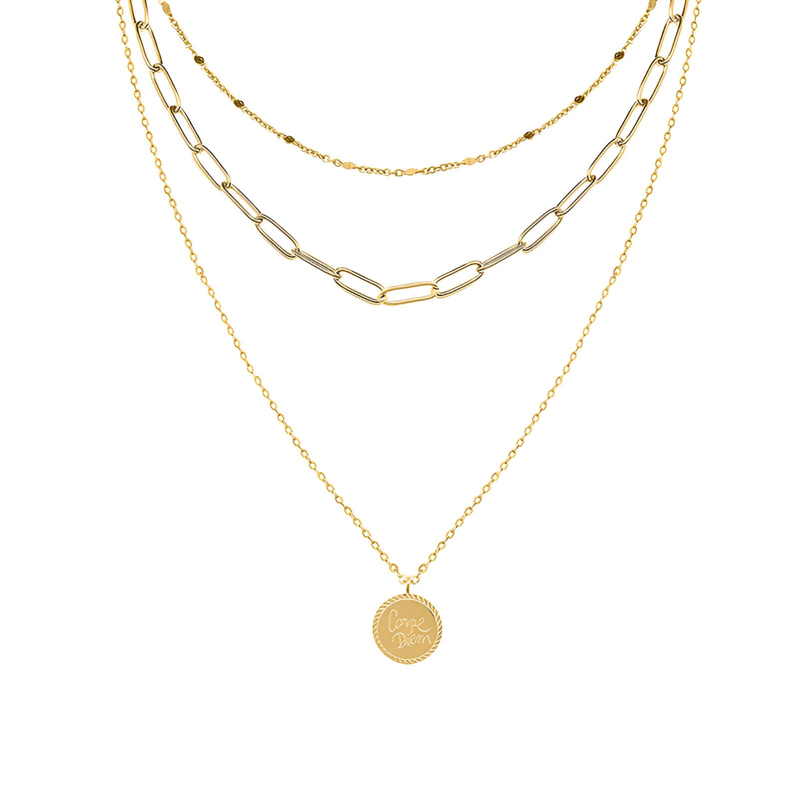 Collier multi - rangs doré, médaillon gravé "Carpe Diem", style layering chic pour femme, modèle Rivera