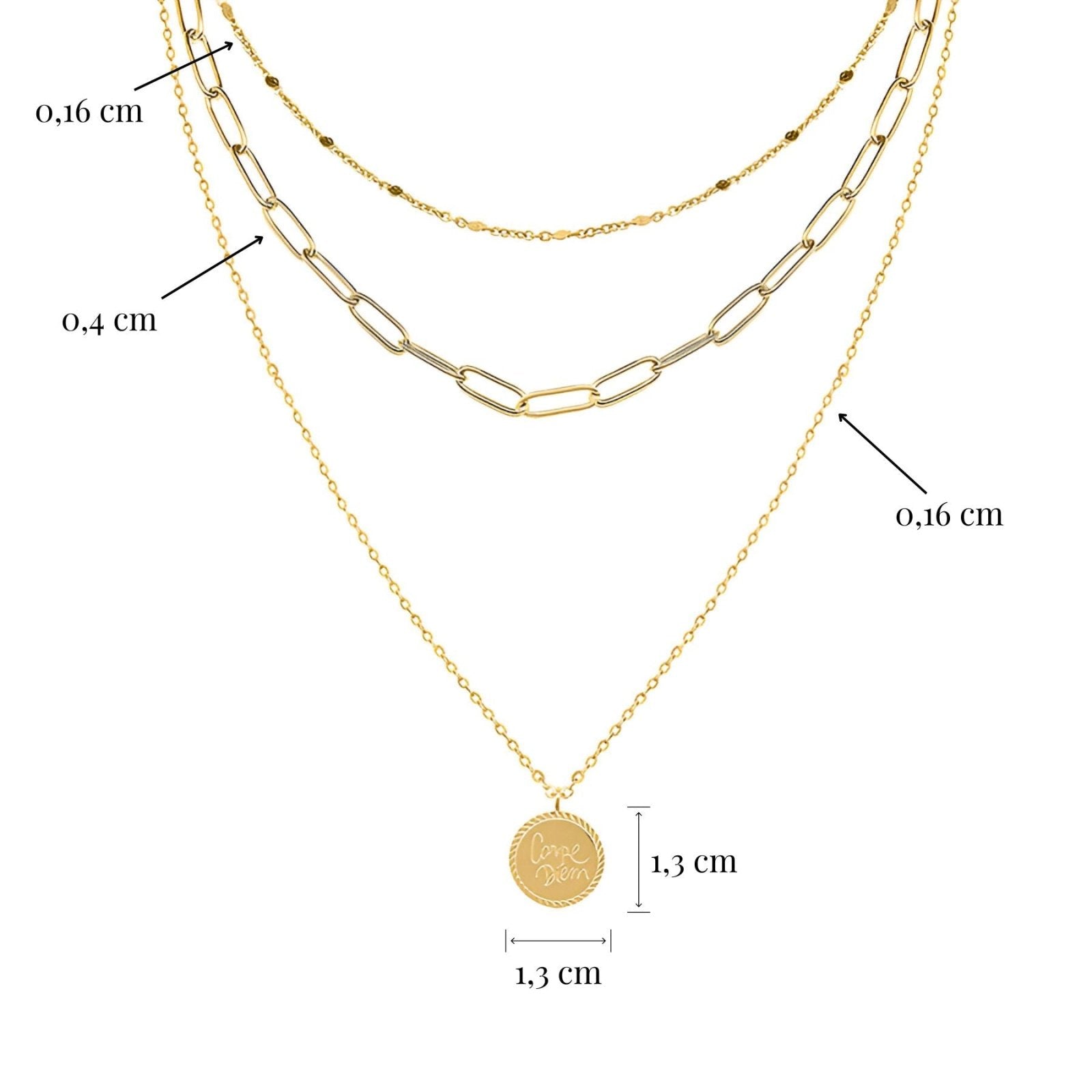 Collier multi - rangs doré, médaillon gravé "Carpe Diem", style layering chic pour femme, modèle Rivera