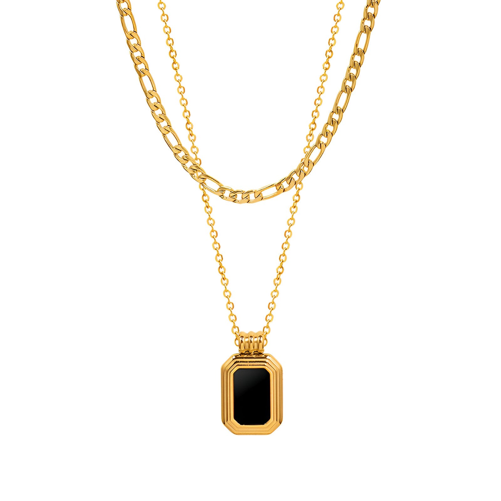 Collier multi - rangs en acier doré, pendentif géométrique noir, bijou chic tendance, modèle Nour