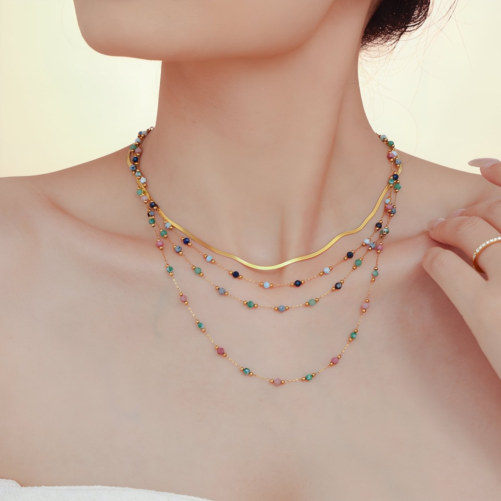 Collier multicolore pour femme, avec pierres naturelles, en acier inoxydable, style minimaliste