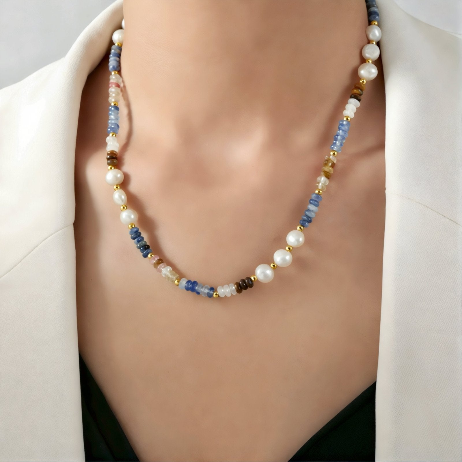 Collier multicolore pour femme, en pierres naturelles et en perles d’eau douce, style bohème chic