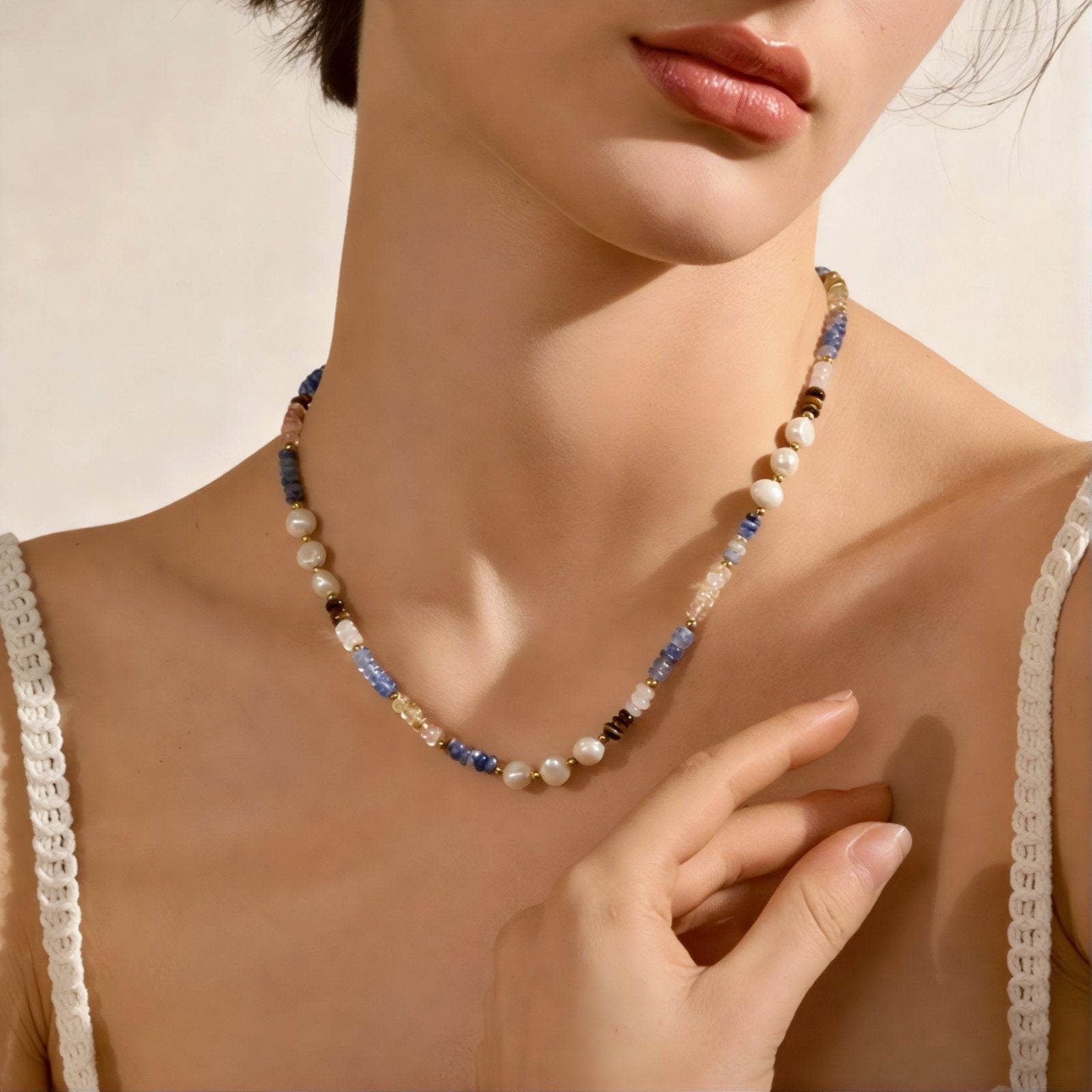 Collier multicolore pour femme, en pierres naturelles et en perles d’eau douce, style bohème chic