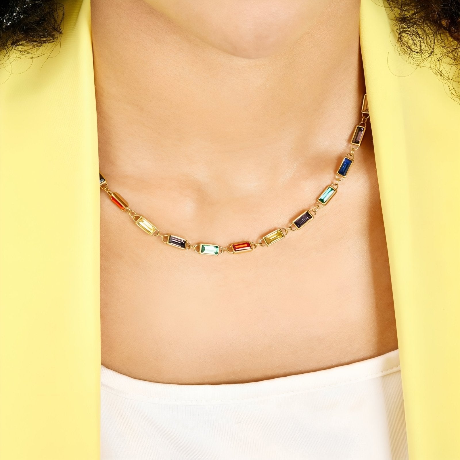 Collier multicolore pour femme, serti de cristaux rectangulaires, en acier inoxydable plaqué or