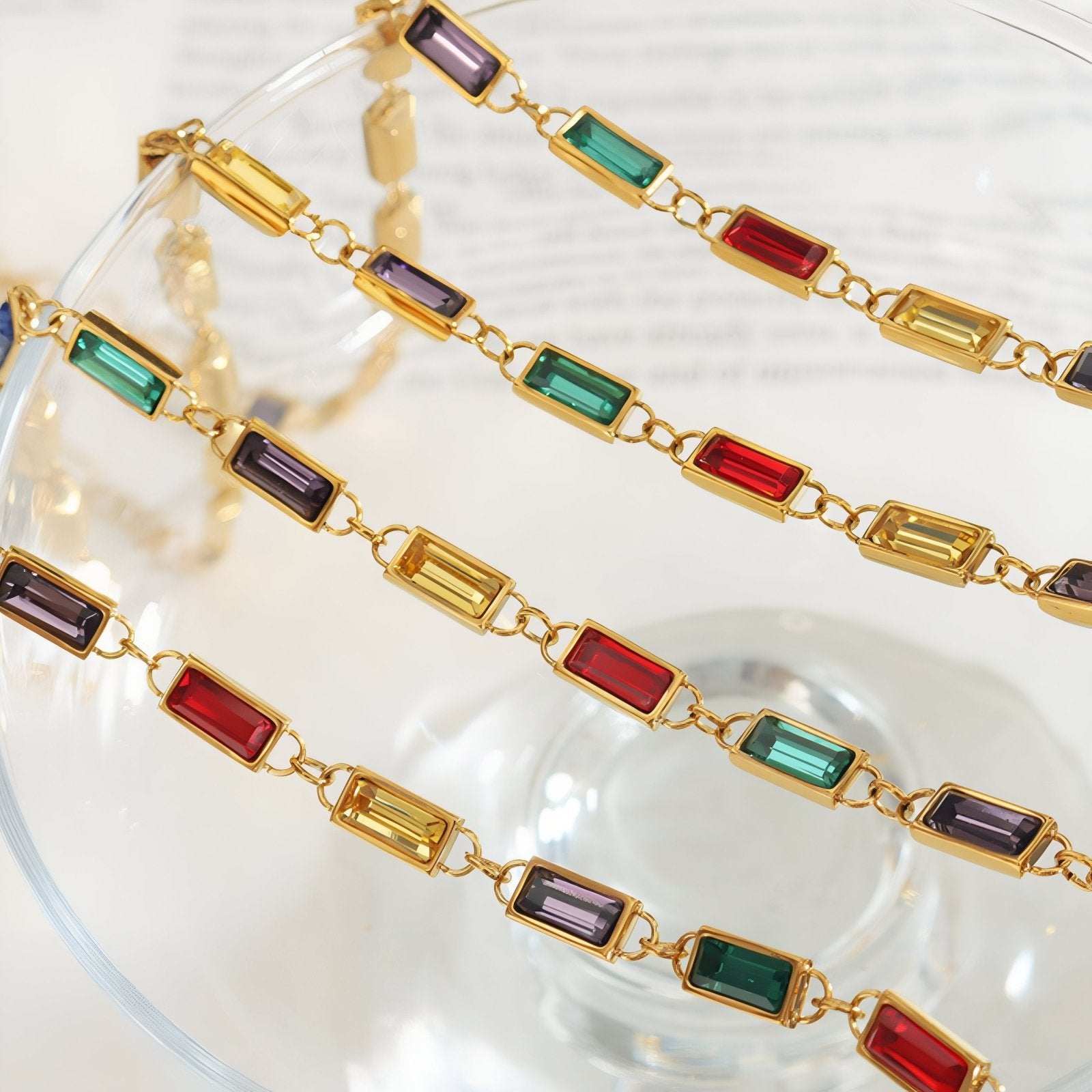 Collier multicolore pour femme, serti de cristaux rectangulaires, en acier inoxydable plaqué or