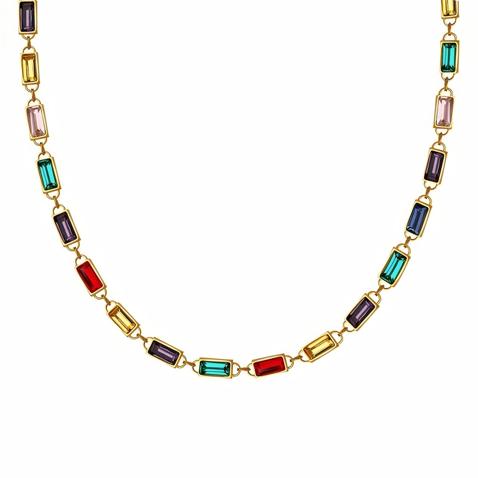 Collier multicolore pour femme, serti de cristaux rectangulaires, en acier inoxydable plaqué or