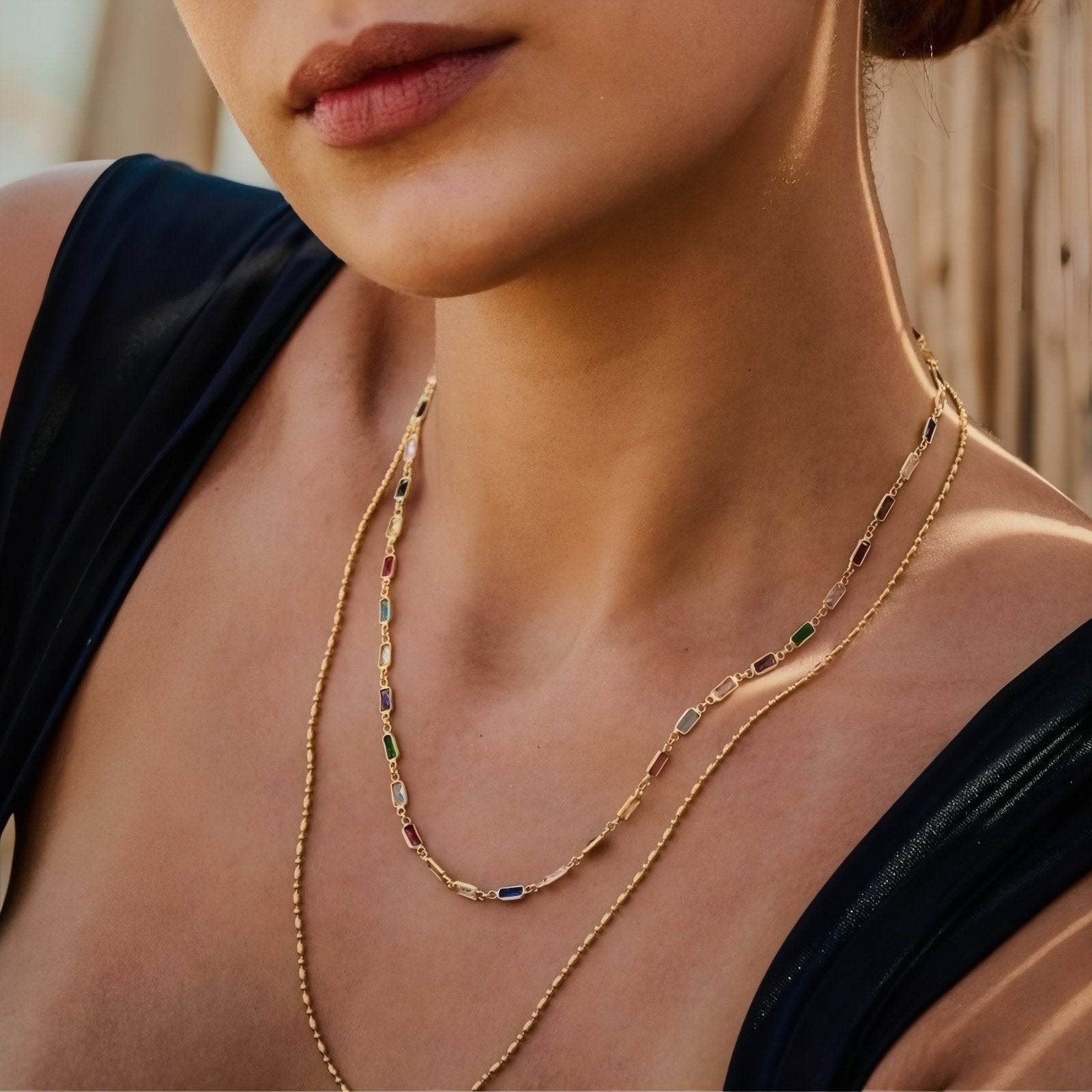 Collier multicolore pour femme, serti de cristaux rectangulaires, en acier inoxydable plaqué or