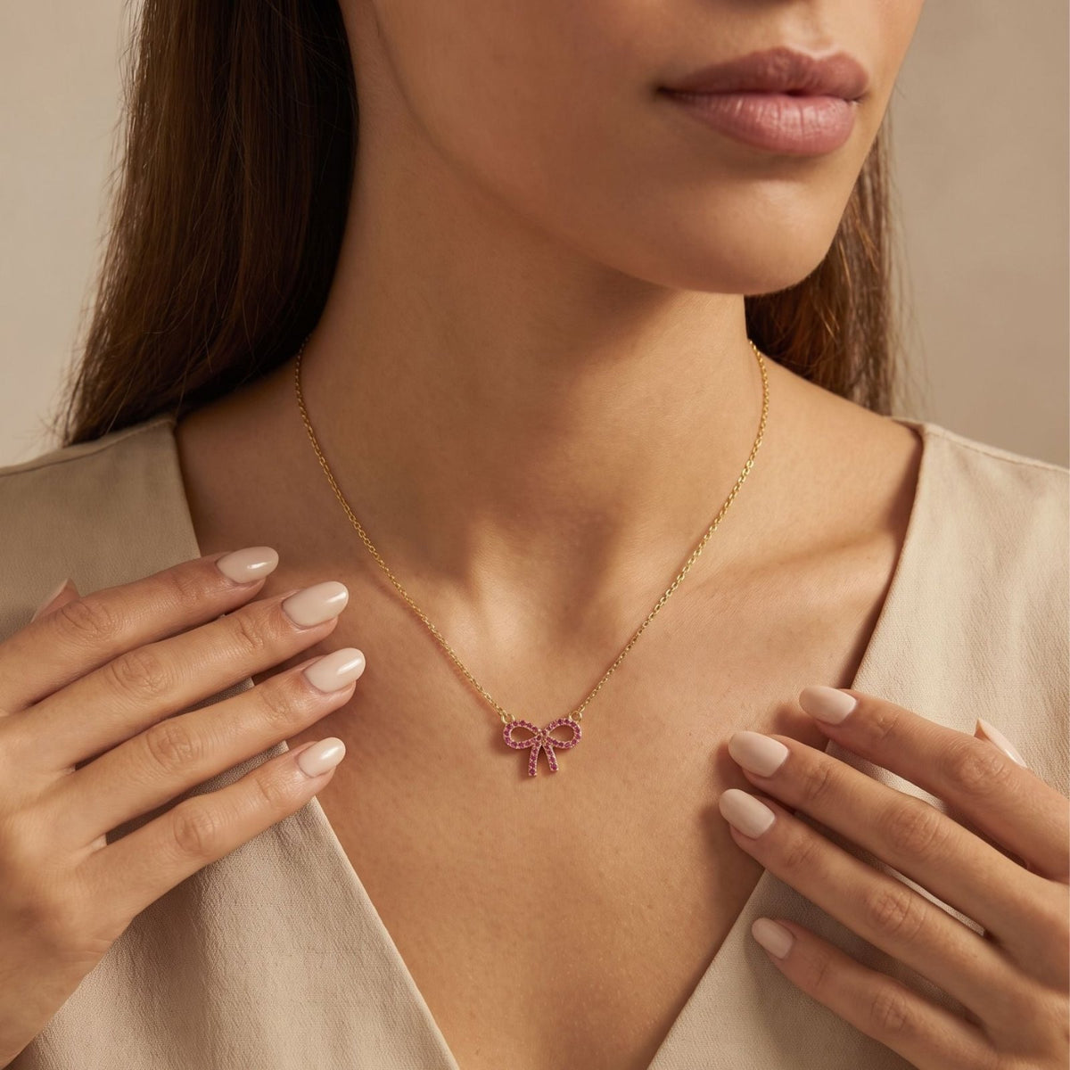 Collier noeud infini pour femme, en argent 925, avec zircons roses