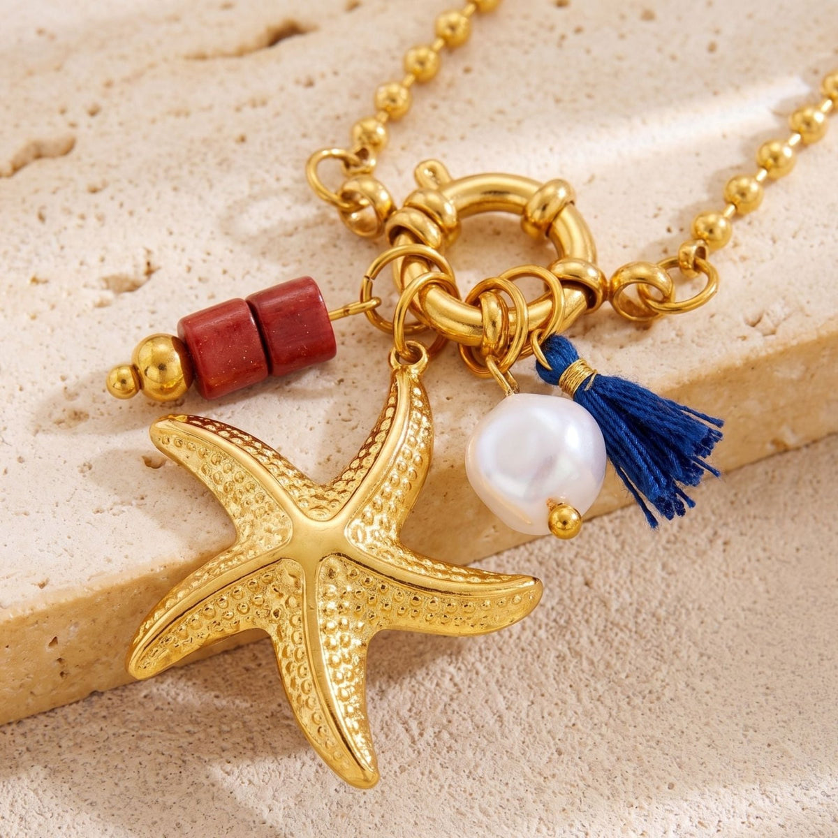 Collier océan pour femme, en acier inoxydable doré, pendentif étoile de mer avec perle et pompon coloré